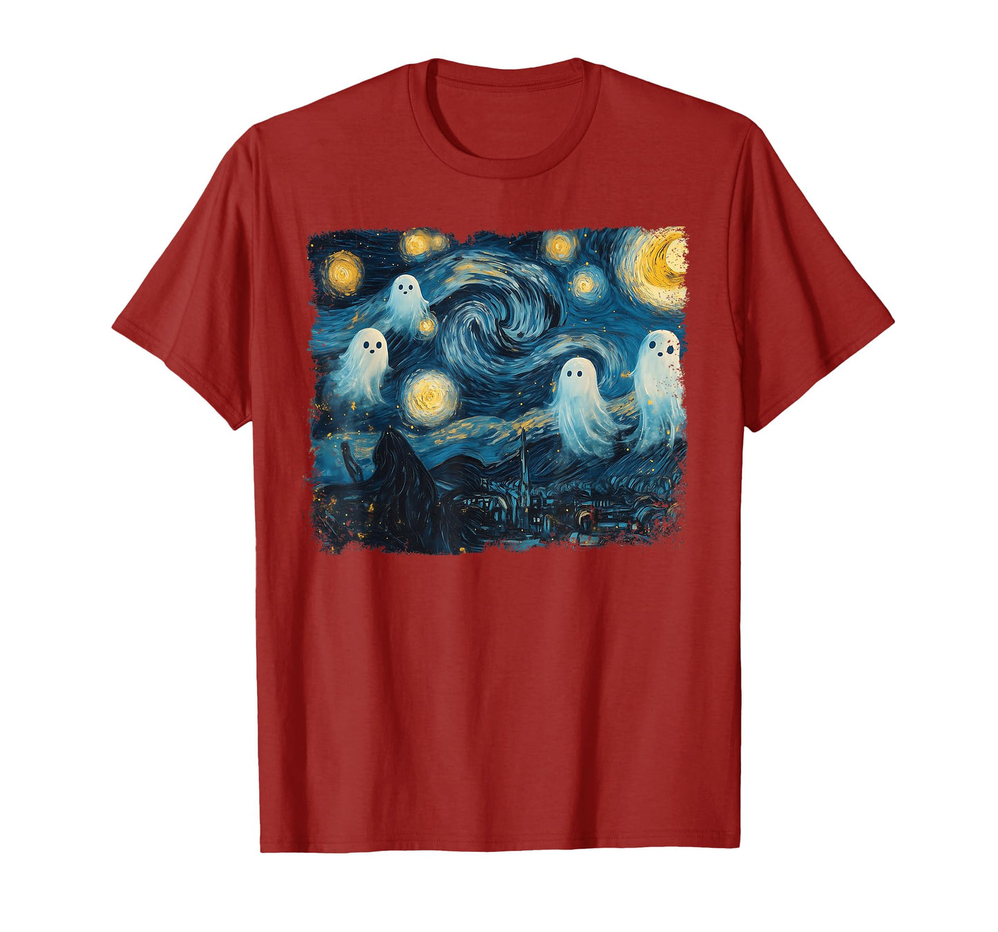 Cute Ghost Starry Night Halloween Spooky Retro Van Gogh Art T-Shirt