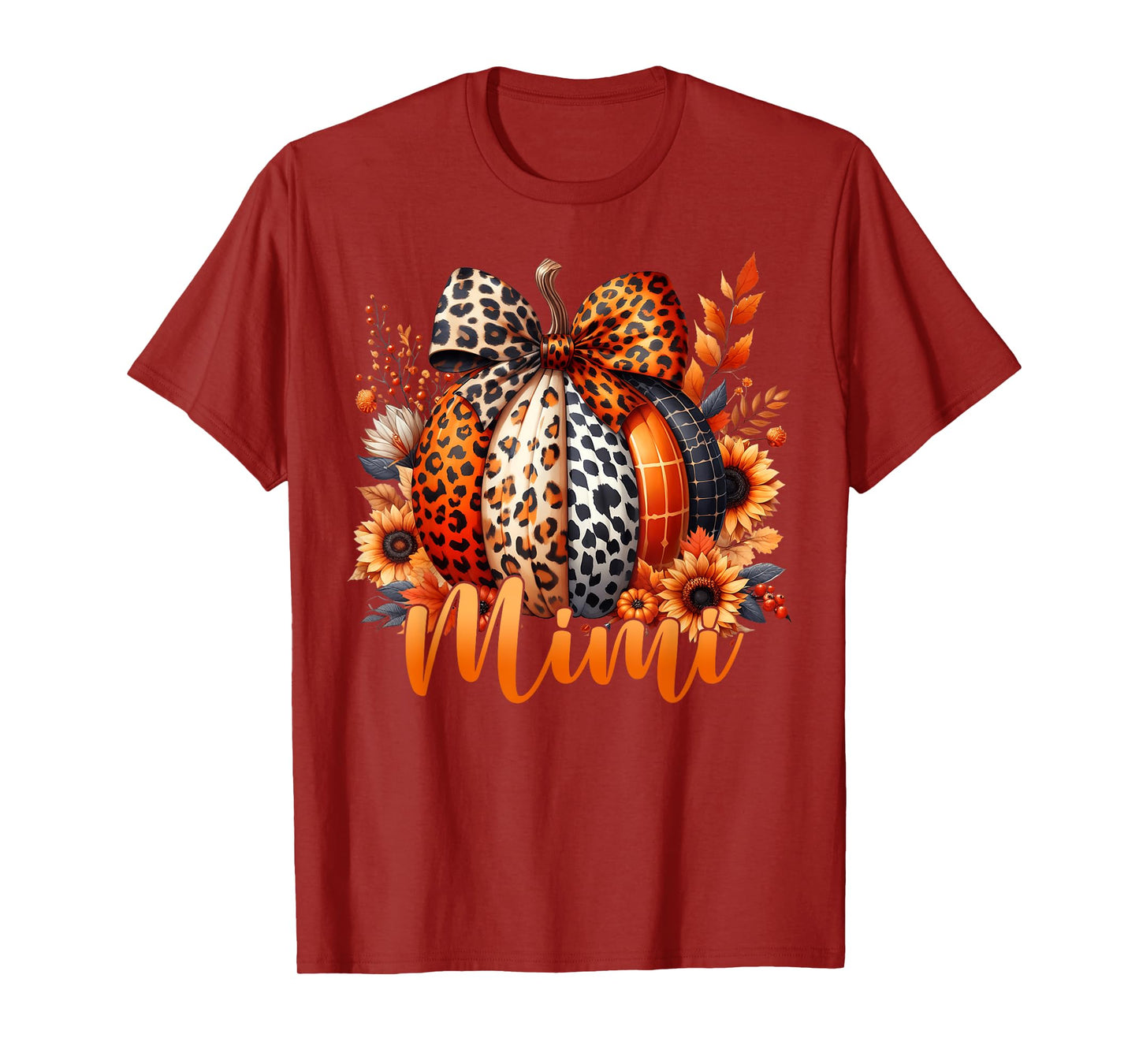 Mimi Thanksgiving Leopard Pumpkin Sunflower Coquette Bow T-Shirt