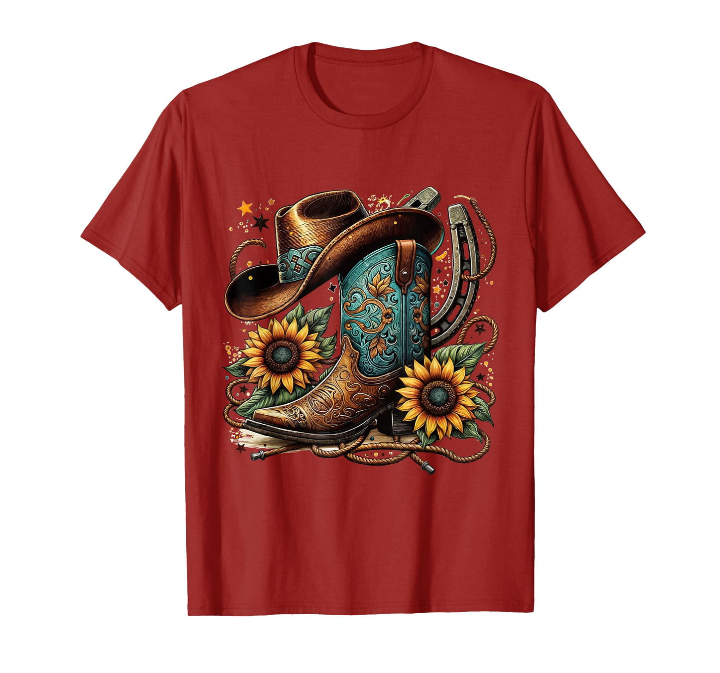 Western Cowboy Boot Horseshoe Sunflower Rope Cowgirl Boot T-Shirt, Small, Black