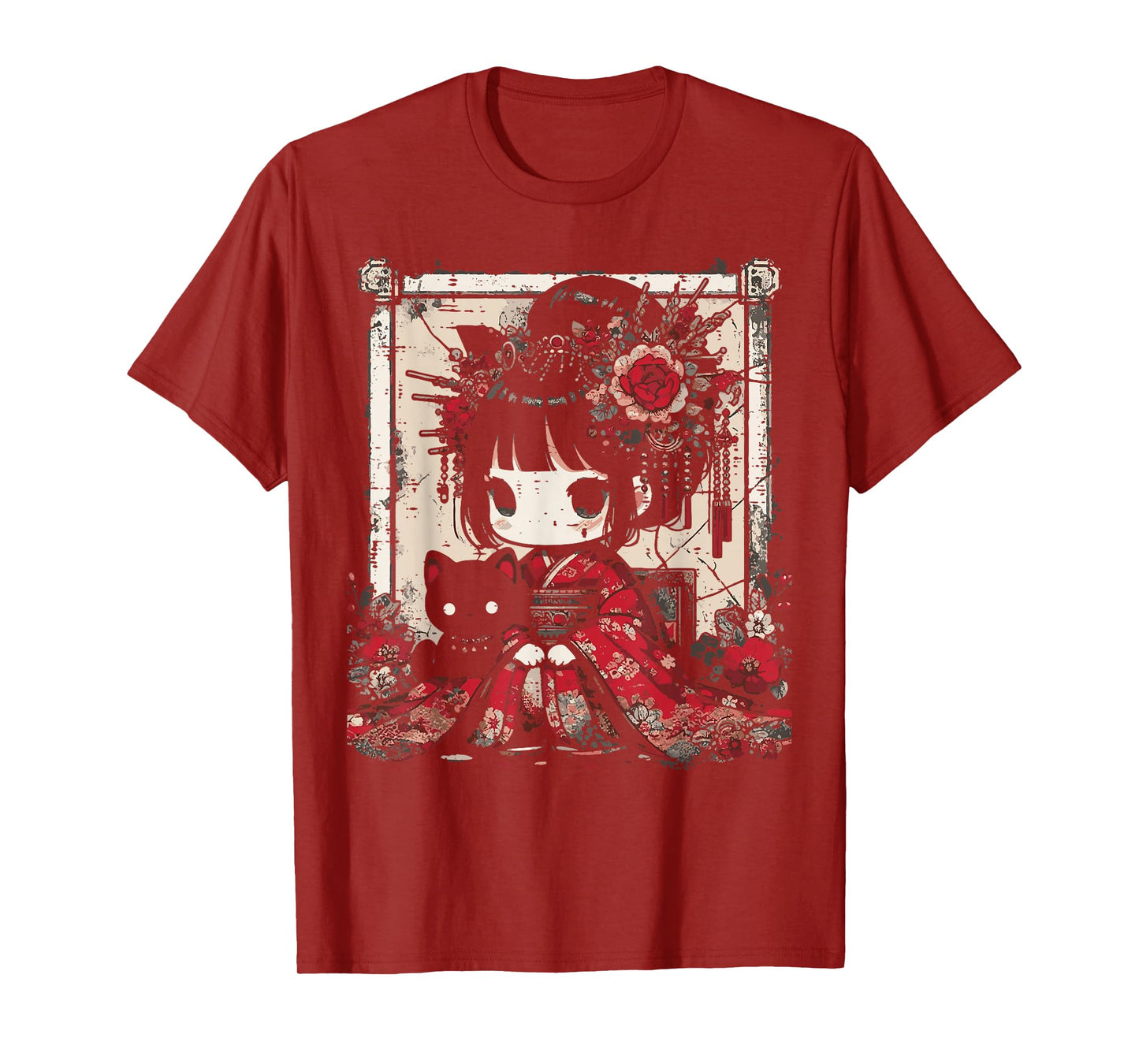 Chibi Kimono Girl Black Cat Flowers Japanese Art Women Kids T-Shirt