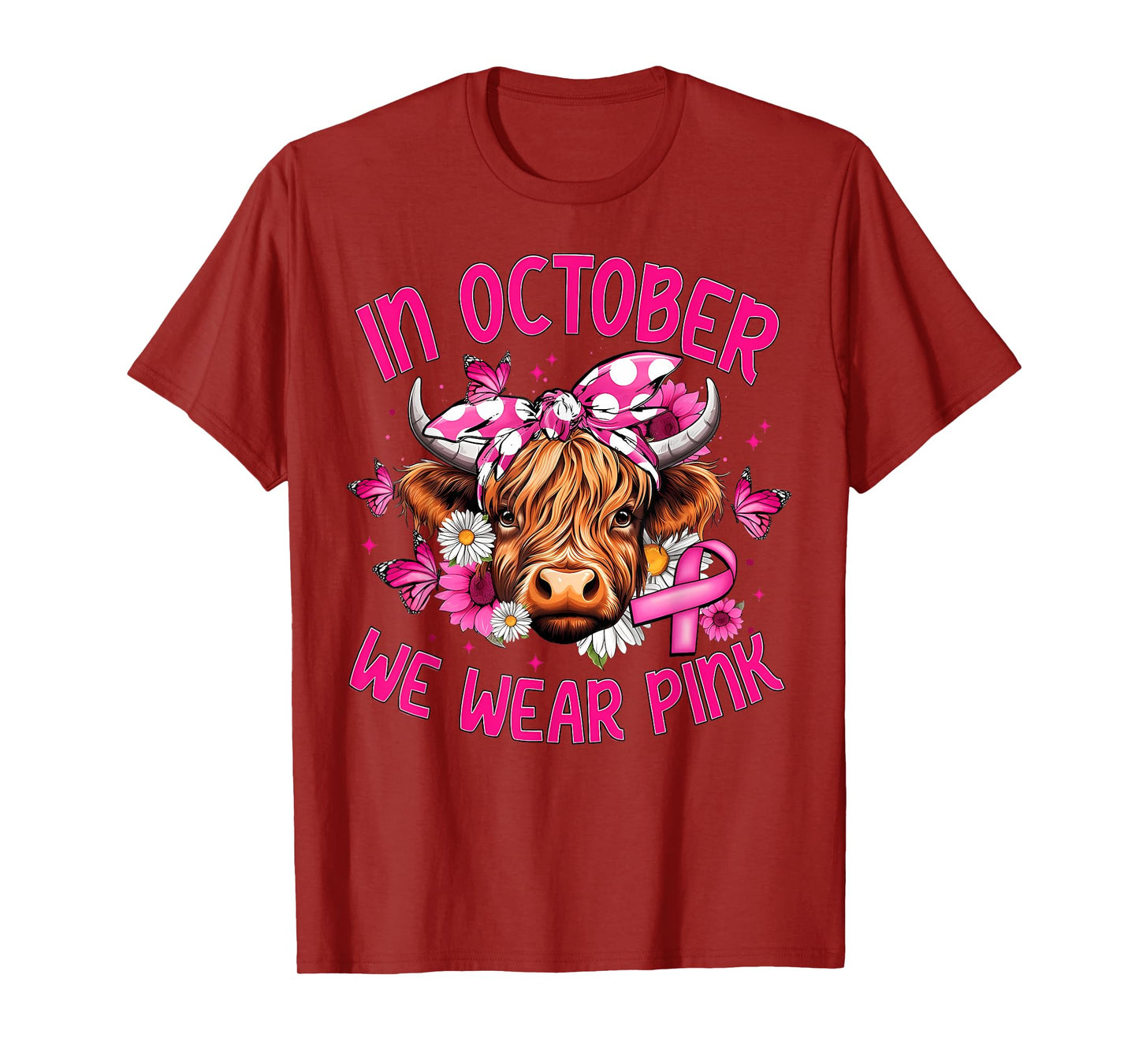 In October We Wear Pink Highland Cow Breast Cancer Awareness T-Shirt