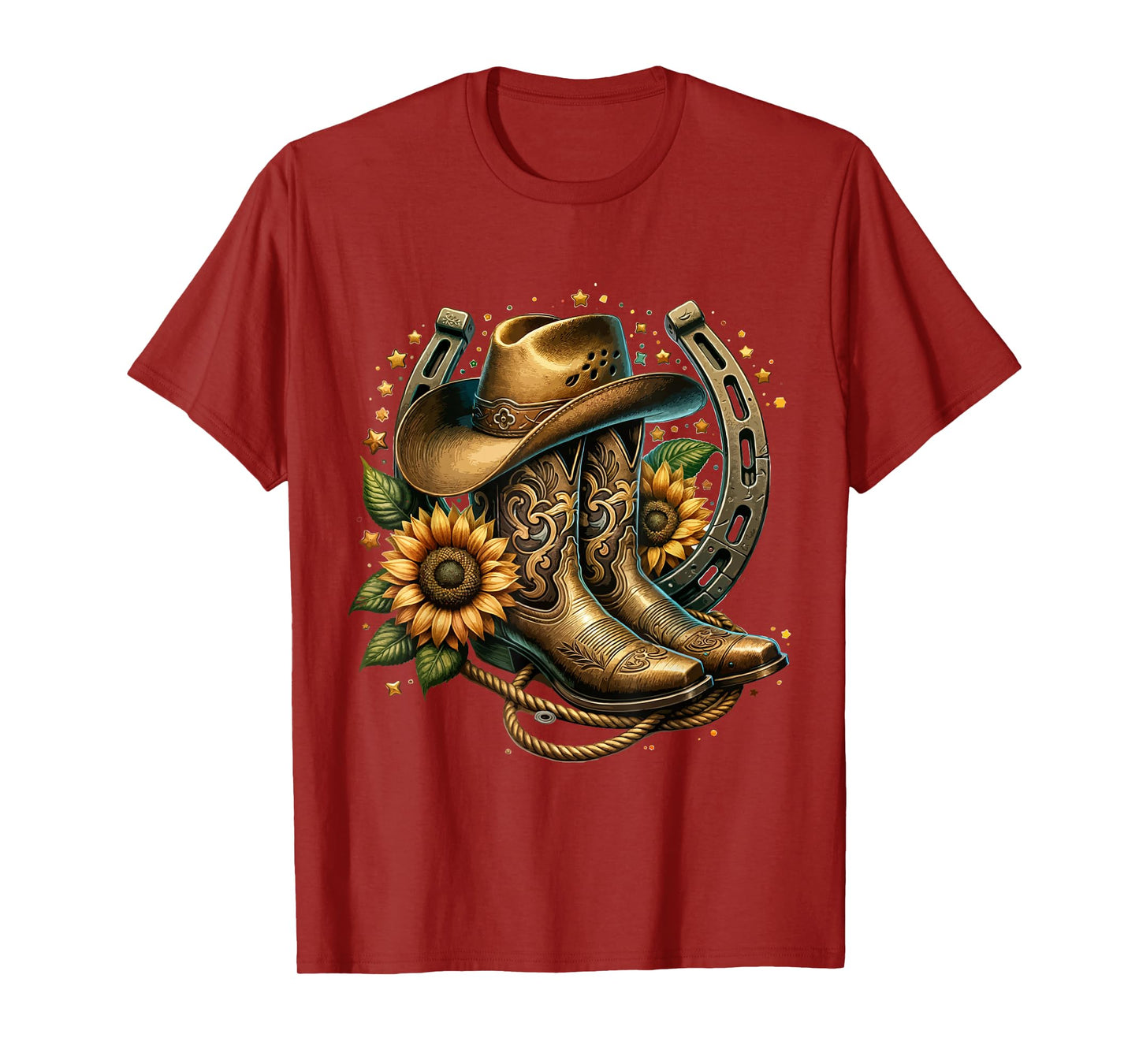 Vintage Rustic Western Country Cowboy Boot Art Tee - Women's Western Themed Floral Boot, Rope & Hat T-Shirt - Black, Small