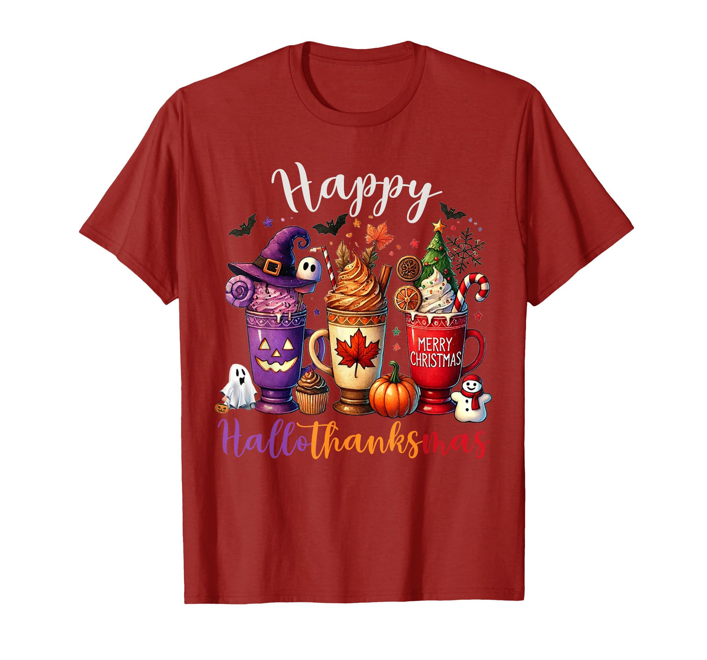 Happy Hallothanksmas Coffee Lover Halloween Merry Christmas T-Shirt