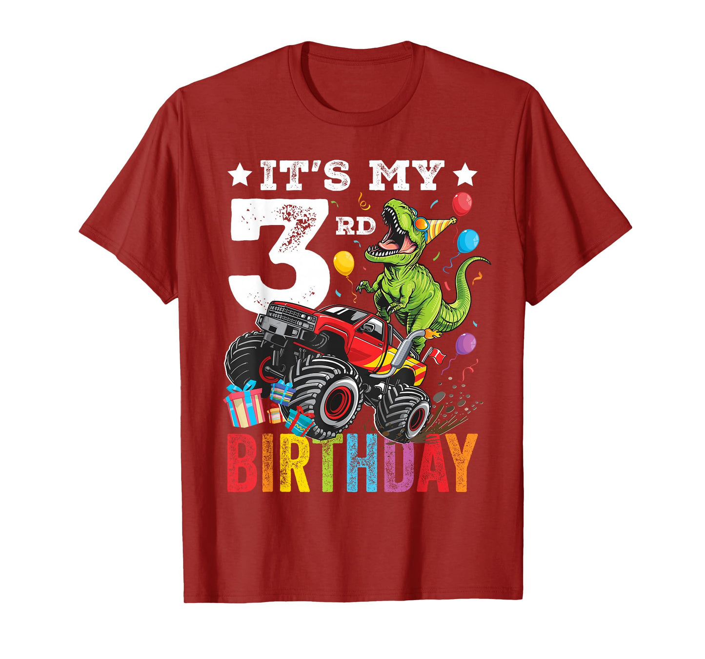 Three 3rd Birthday Dinosaur Monster Truck T-Shirt