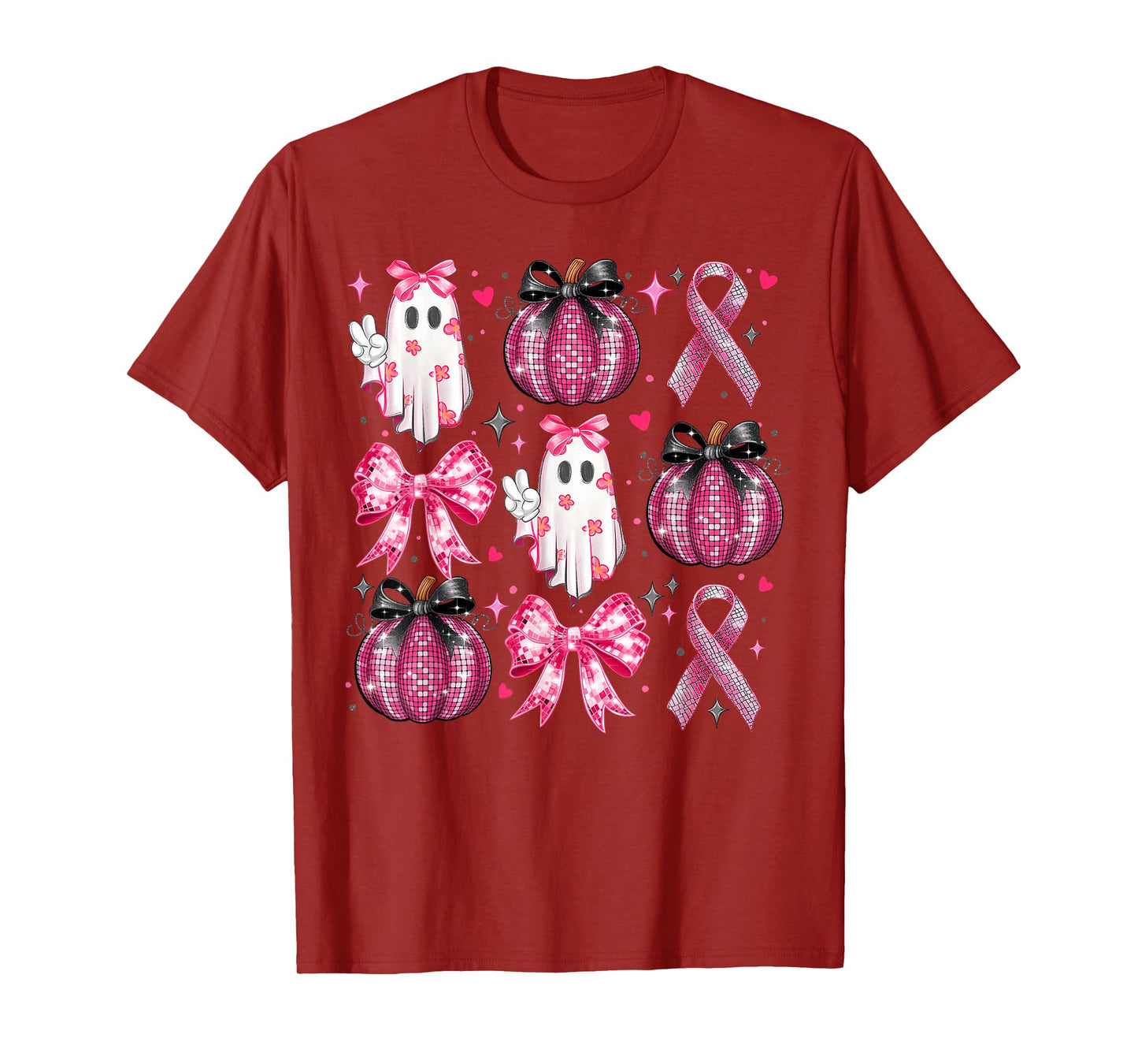 Halloween Pumpkin Pink Ribbon Disco Ghost Bow Breast Cancer T-Shirt