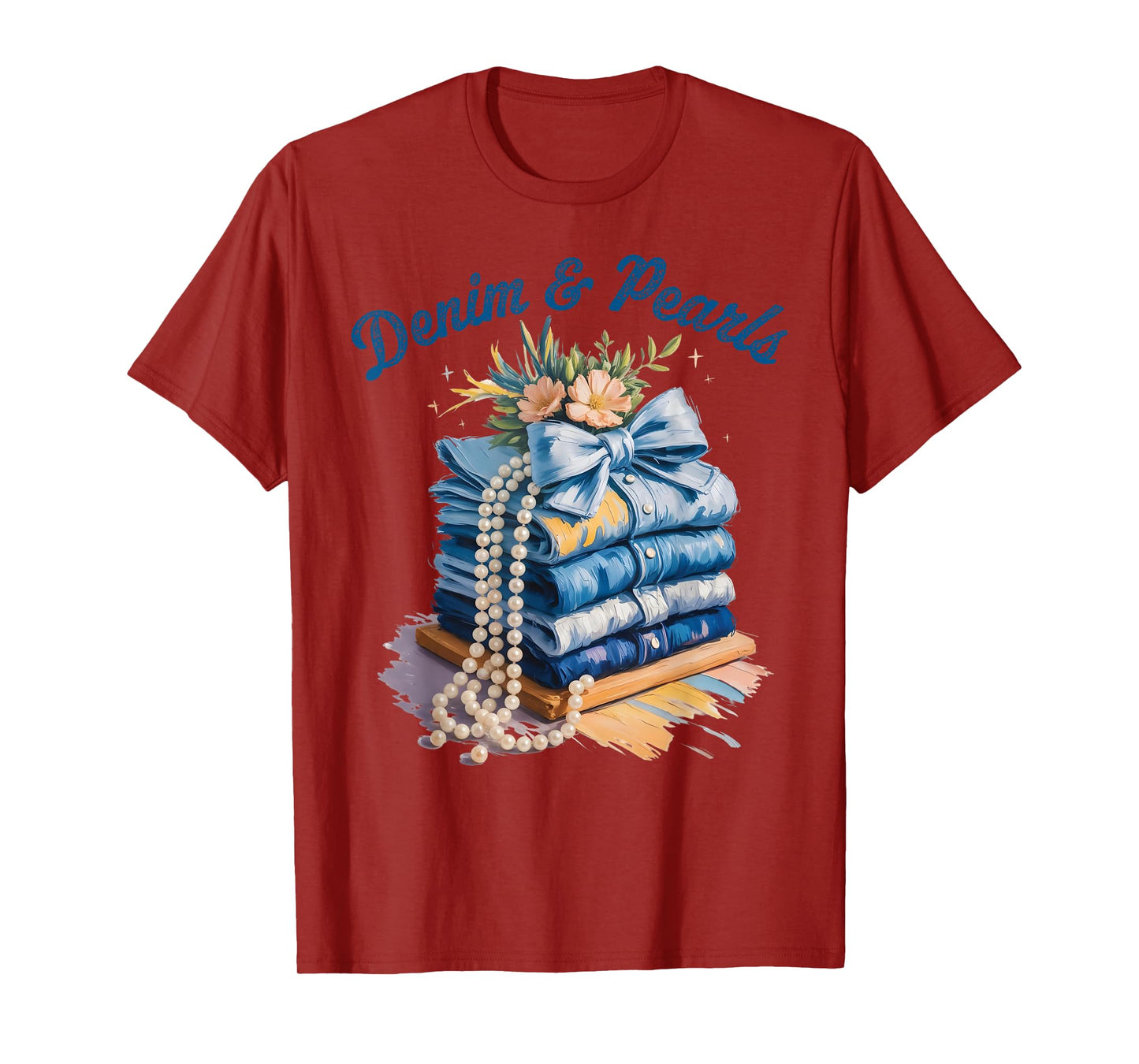 Pearls & Denim 2025 Oilpaint Style Outfit for Stylish Women T-Shirt