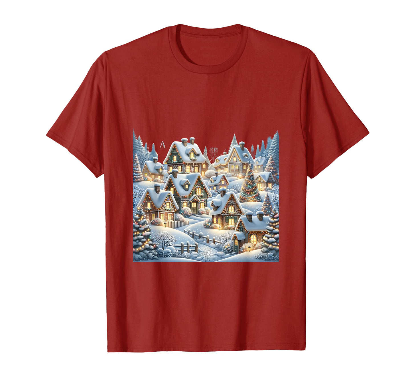 Winter Village Snow Covered Cottages Christmas Lights Scene T-Shirt