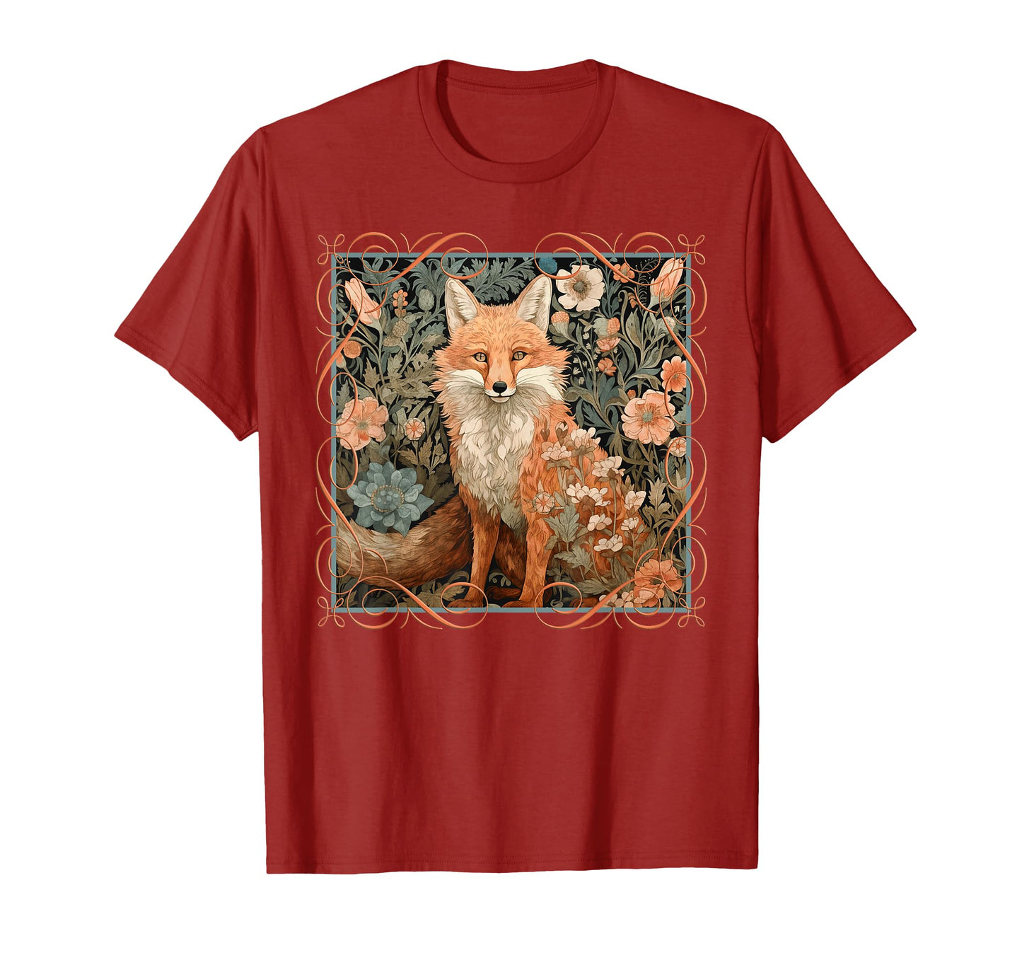 Red Fox in a William Morris Style Garden T-Shirt