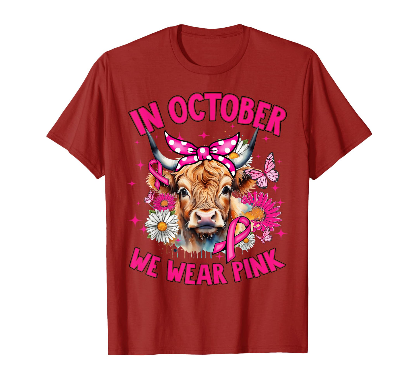 Highland Cow In October We Wear Pink Breast Cancer Month T-Shirt
