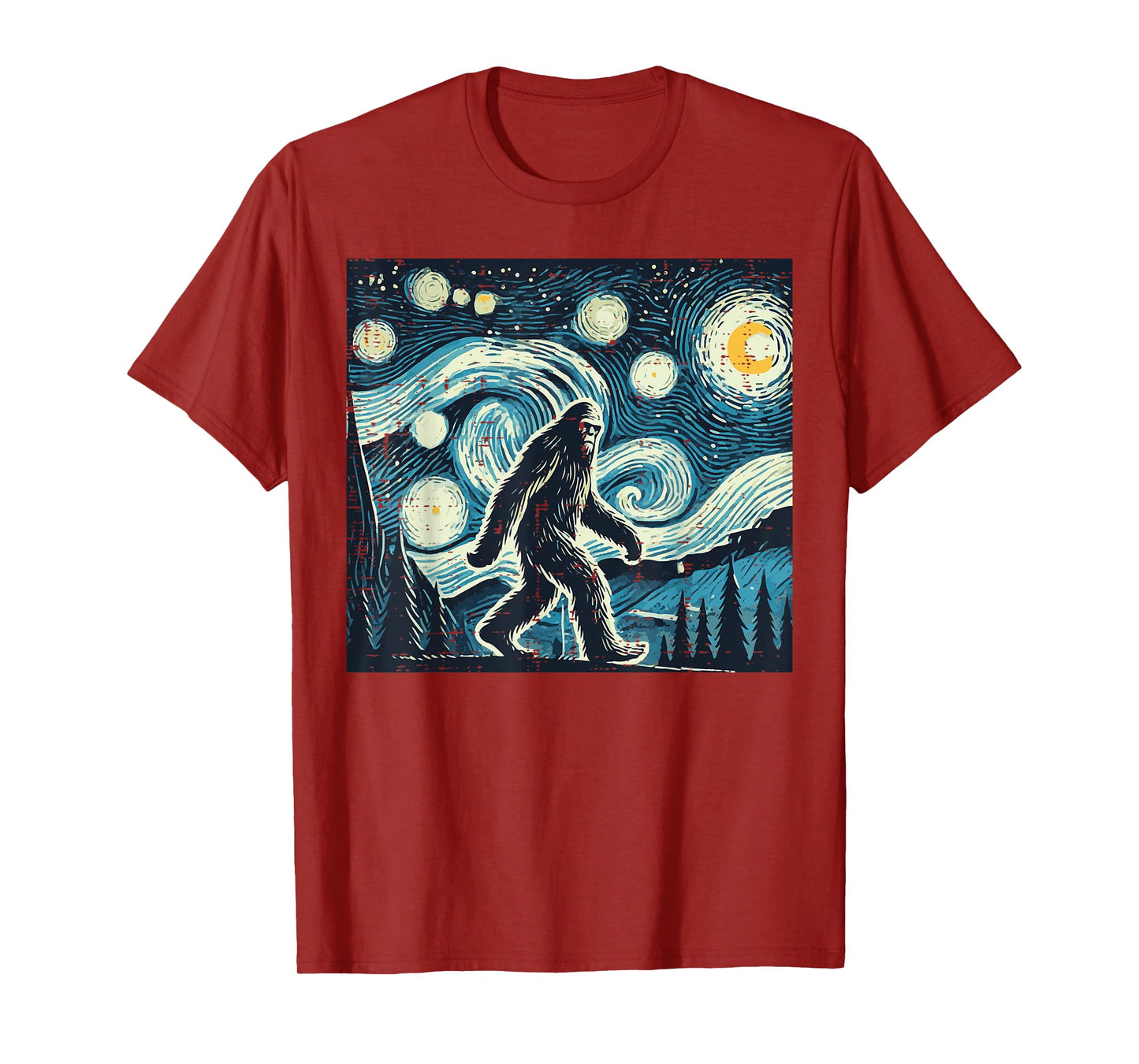 Bigfoot Starry Night Funny Sasquatch Art Paint Women Men Kid T-Shirt