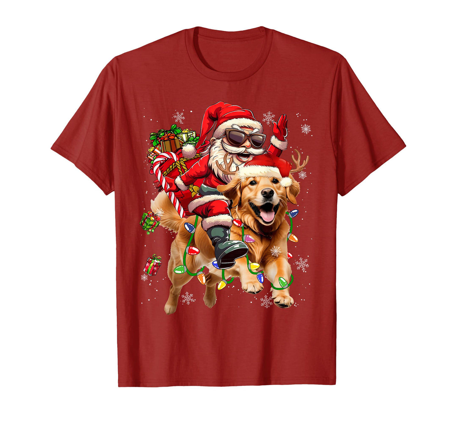 Merry Christmas 2025 Santa Riding Golden Retriever Dog Xmas T-Shirt