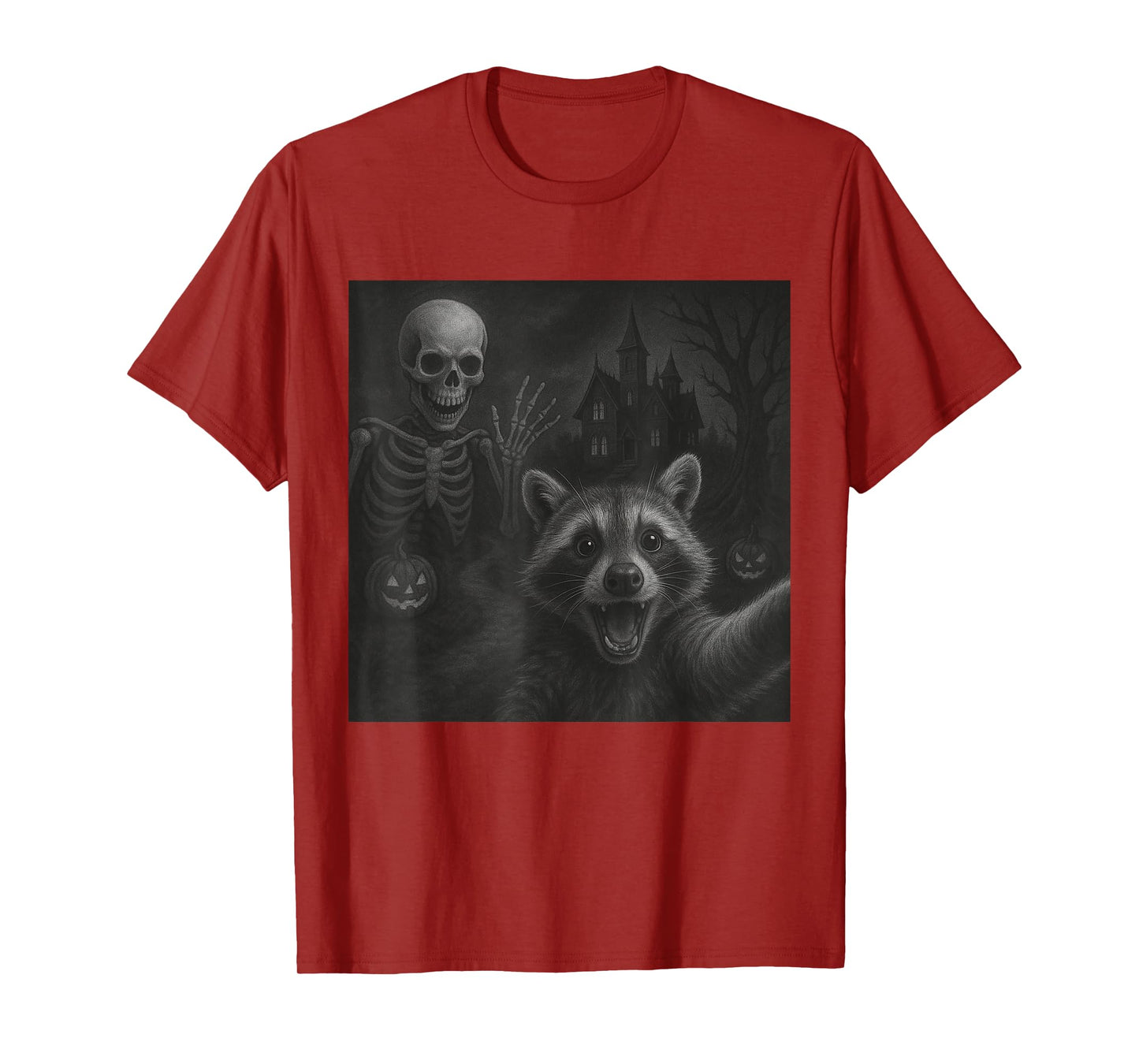 Raccoon Selfie With Skeleton Funny Raccoon Halloween Graphic T-Shirt