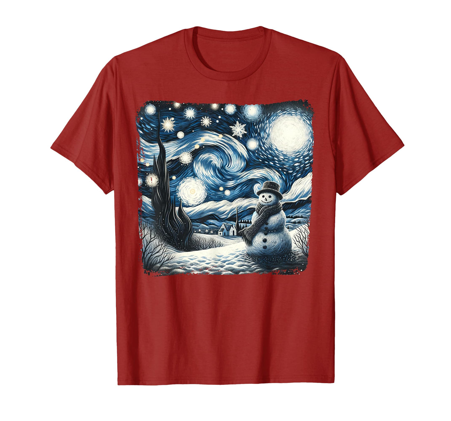 Van Gogh Starry Night Christmas Snowman Winter Snowy Night T-Shirt