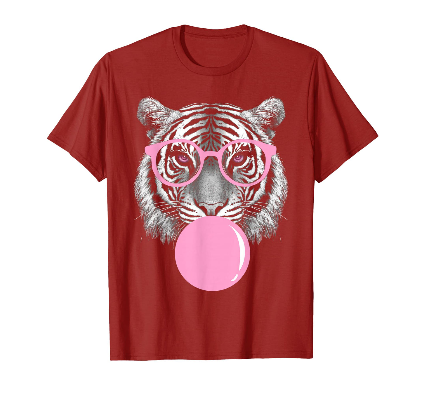 Funny Tiger Wearing Glasses and Blowing Pink Bubble Gum T-Shirt