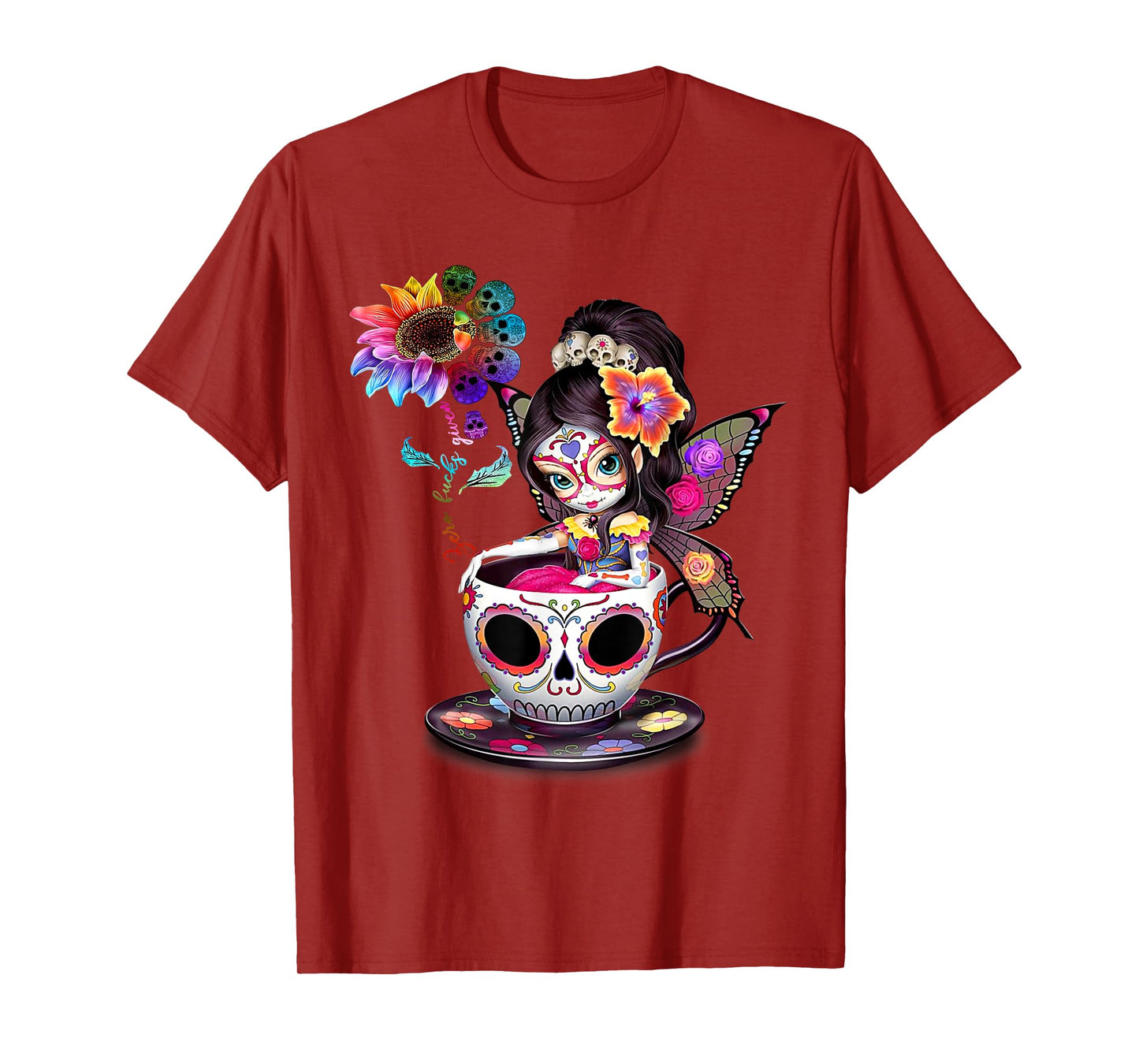 Zero Fucks Given Sugar Skull Rainbow Sunflower Skeleton T-Shirt