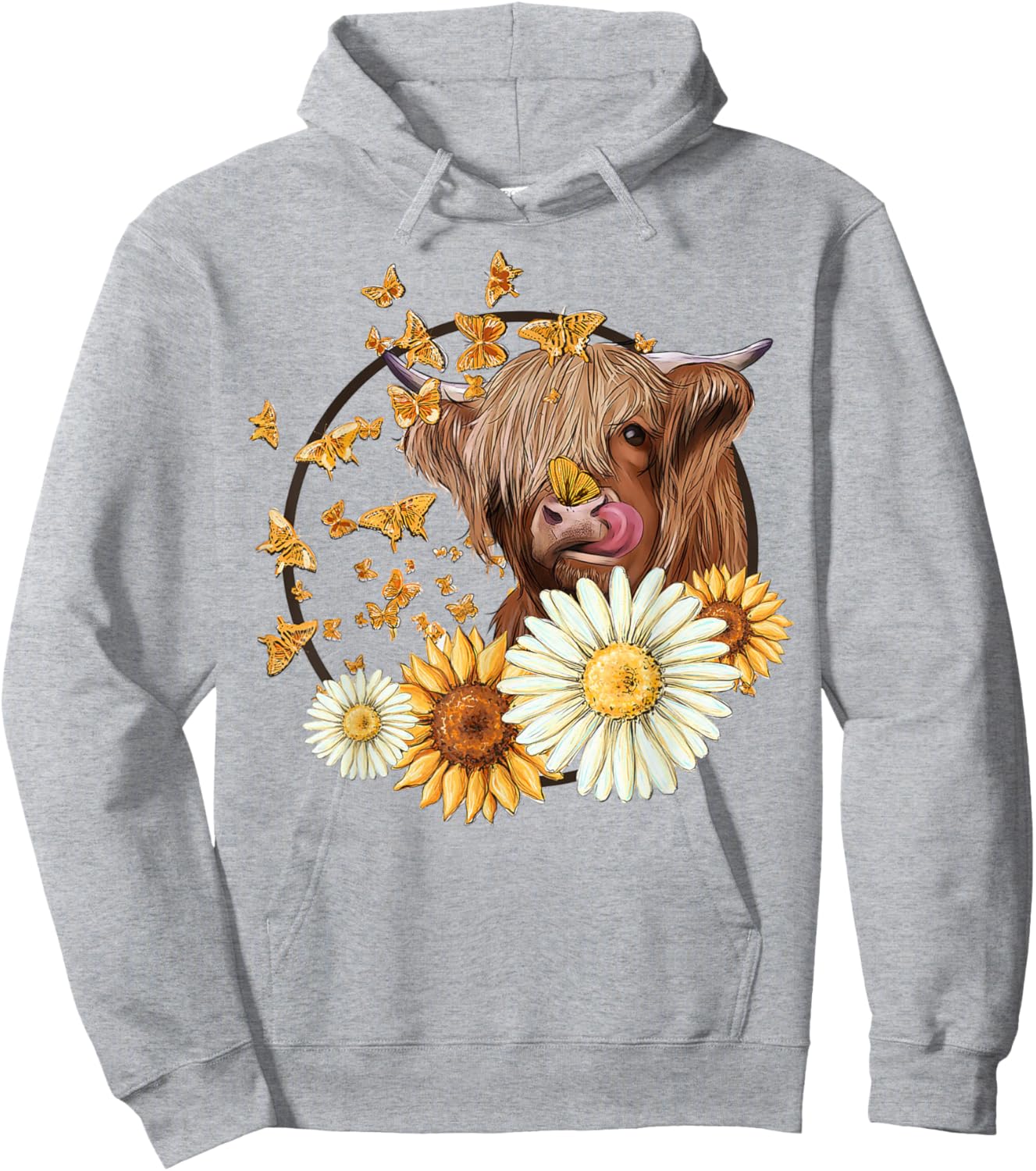 Highland Cow With Sunflower Daisies Butterflies Farm Western Hoodie - Hoodie | Ash