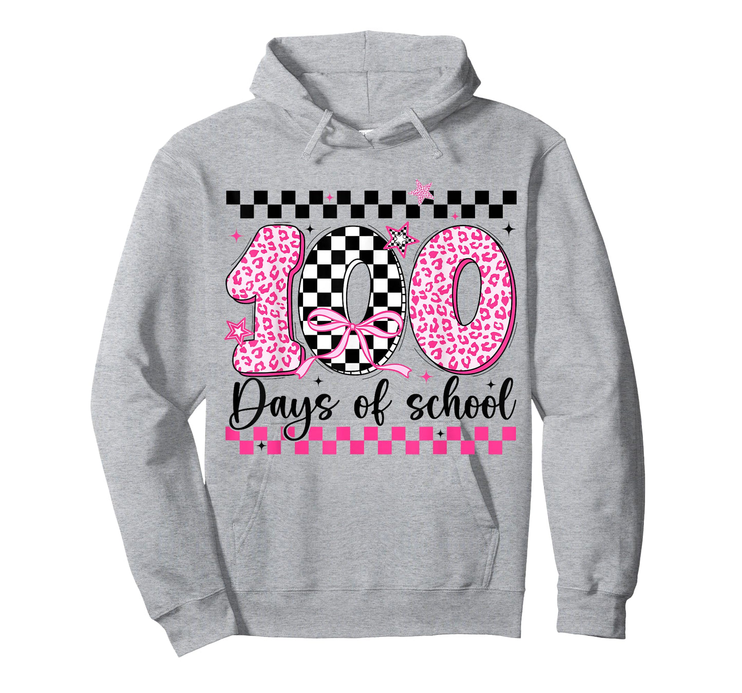 Funny 100 Days of School Coquette Bow Pink Leopard Checkered T-Shirt