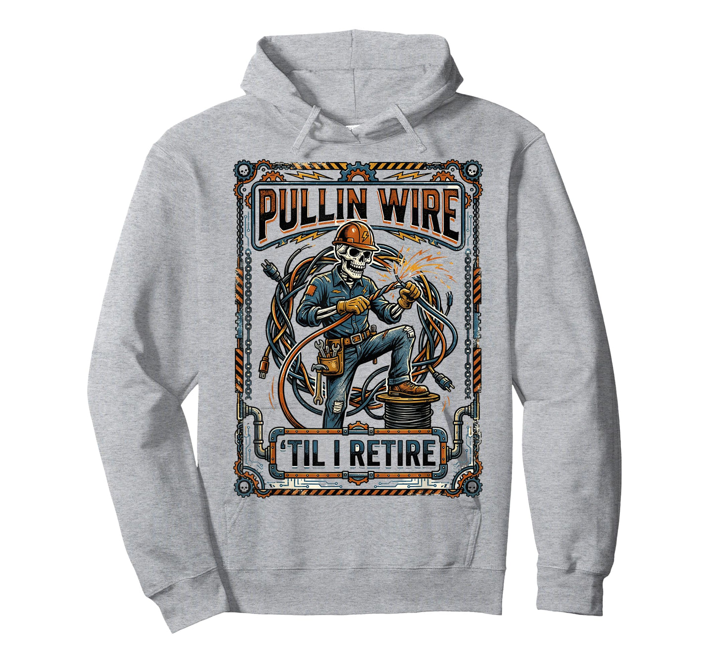 Funny Pullin Wire Till I Retire Electrician Skeleton Worker T-Shirt