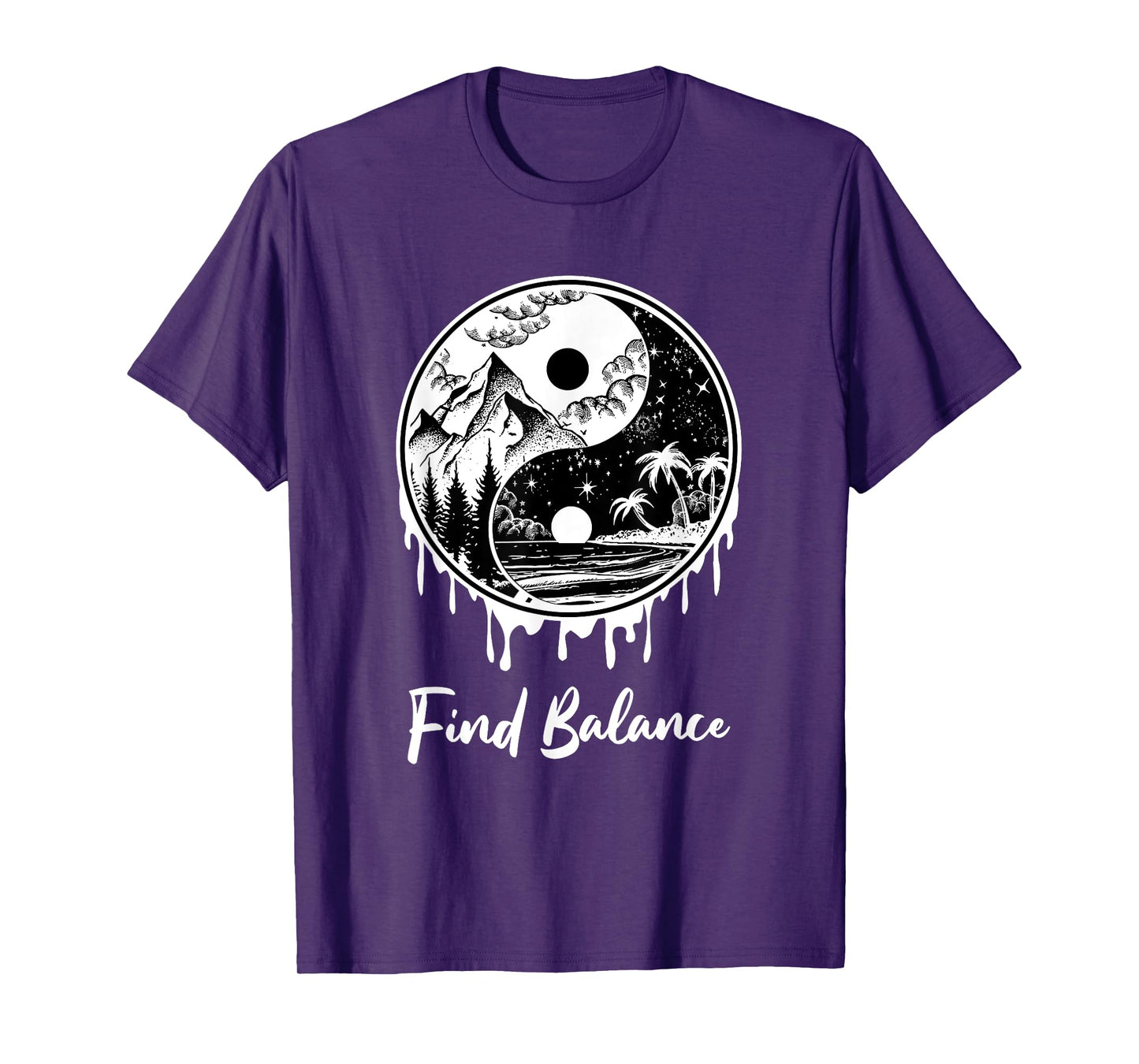 Yin Yang Find Balance Symbol Nature Night Day Mountain Beach Men Women T-Shirt