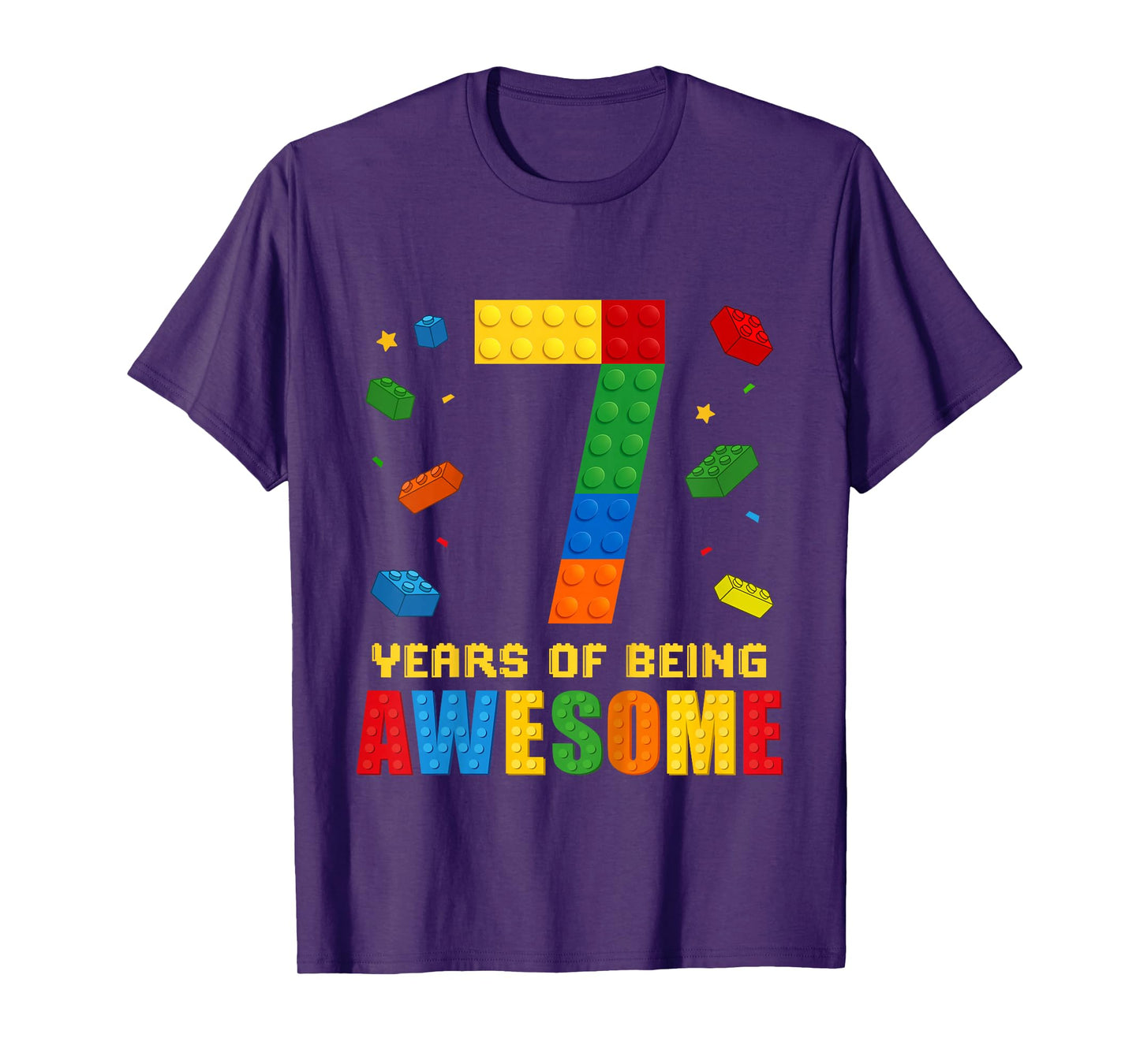 Kids 7 Year Old Birthday Boy Being Awesome Building Bricks 7th T-Shirt
