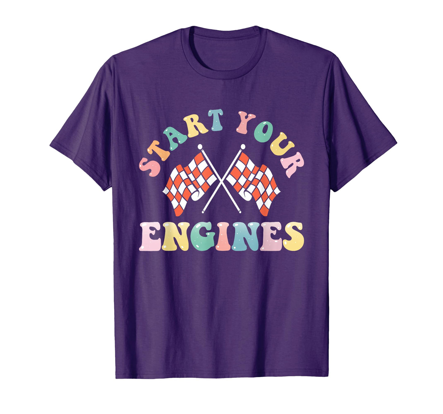 Start Your Engines Retro Groovy Checkered Flag Race Car Girl T-Shirt