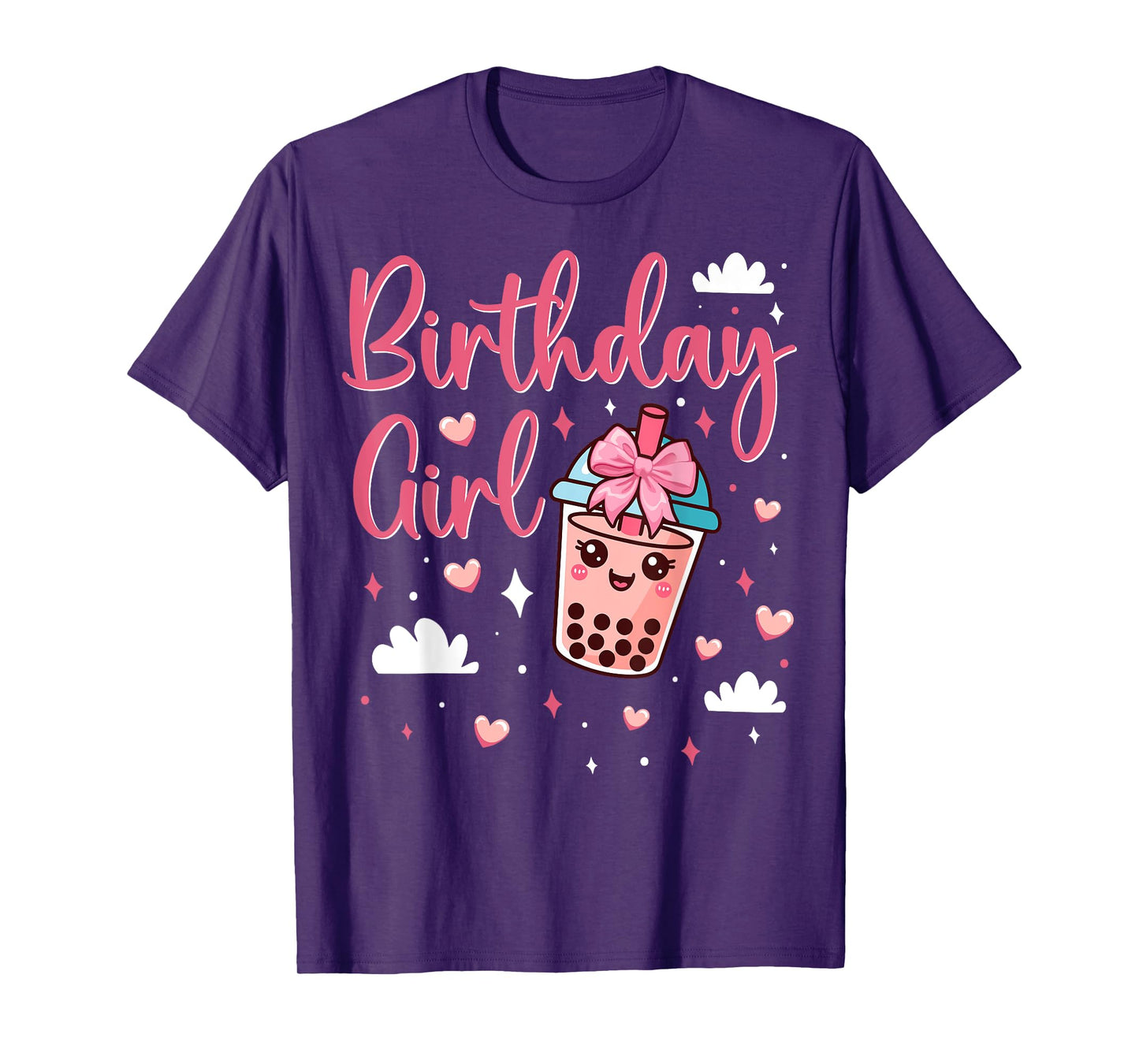 Happy Birthday Girl Cute Pink Bow Bubble Boba Tea Anime T-Shirt