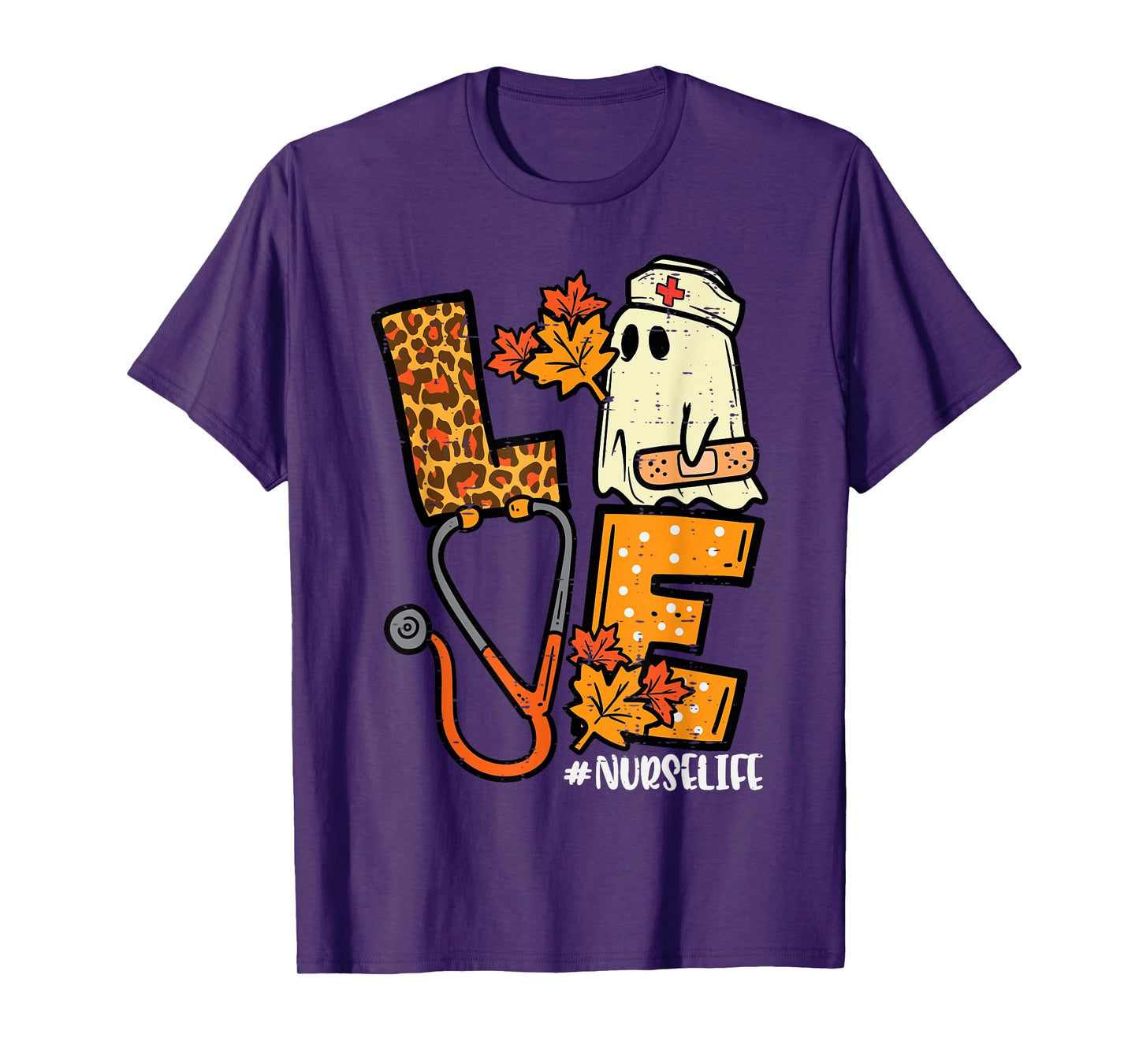 Leopard Ghost Nurse Halloween Costume Fall Scrub Top Women T-Shirt