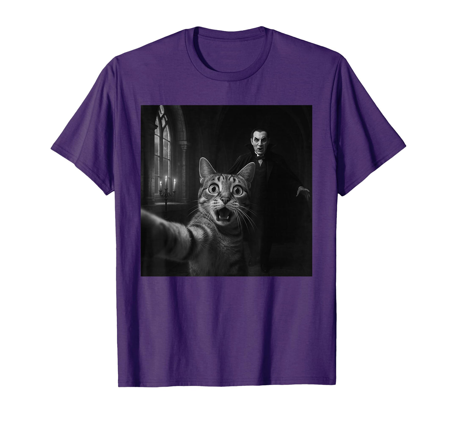 Funny Halloween Surprised Scared Cat Selfie Dracula Vampire T-Shirt