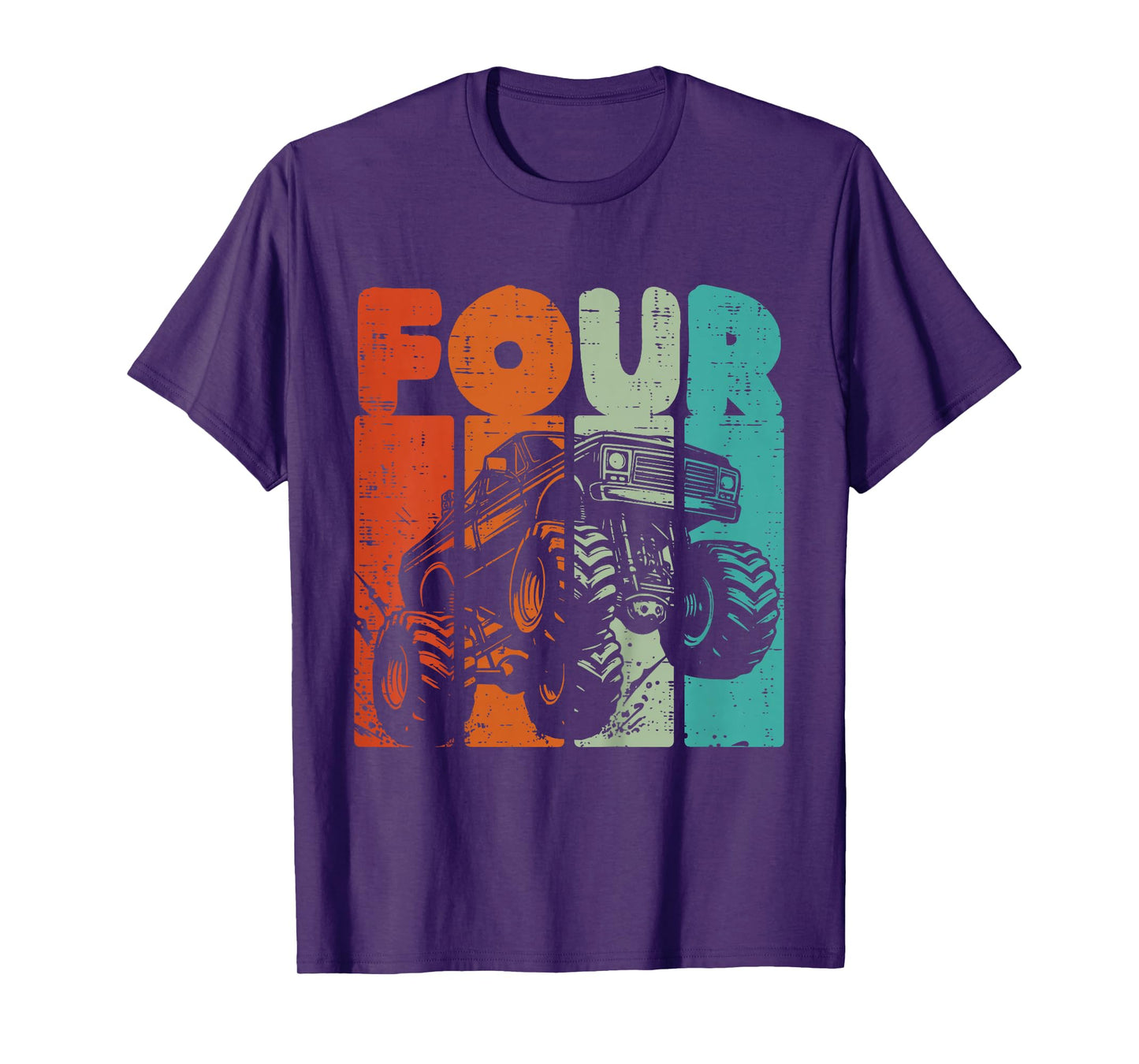 Kids 4th Birthday Monster Truck Four Retro 4 Year Old Bday Boys T-Shirt