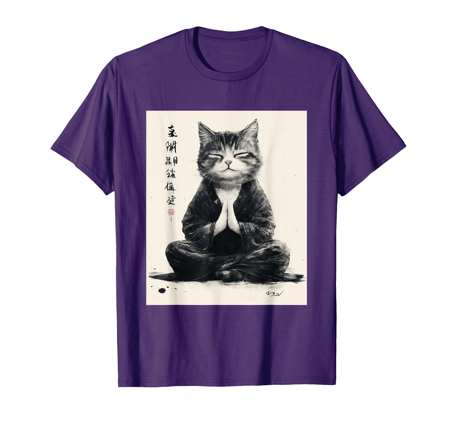 Zen Cat T-Shirt - Meditating Japanese Art Style Graphic Tee T-Shirt for Men Women Kids