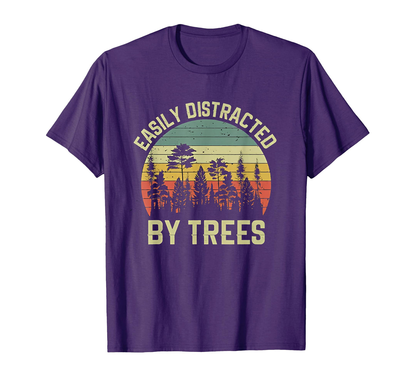 Wekon Easily Distracted By Trees Vintage Funny Tree T-Shirt - Unisex - Black - Small - Short Sleeve - Crew Neck - Retro Tree Print