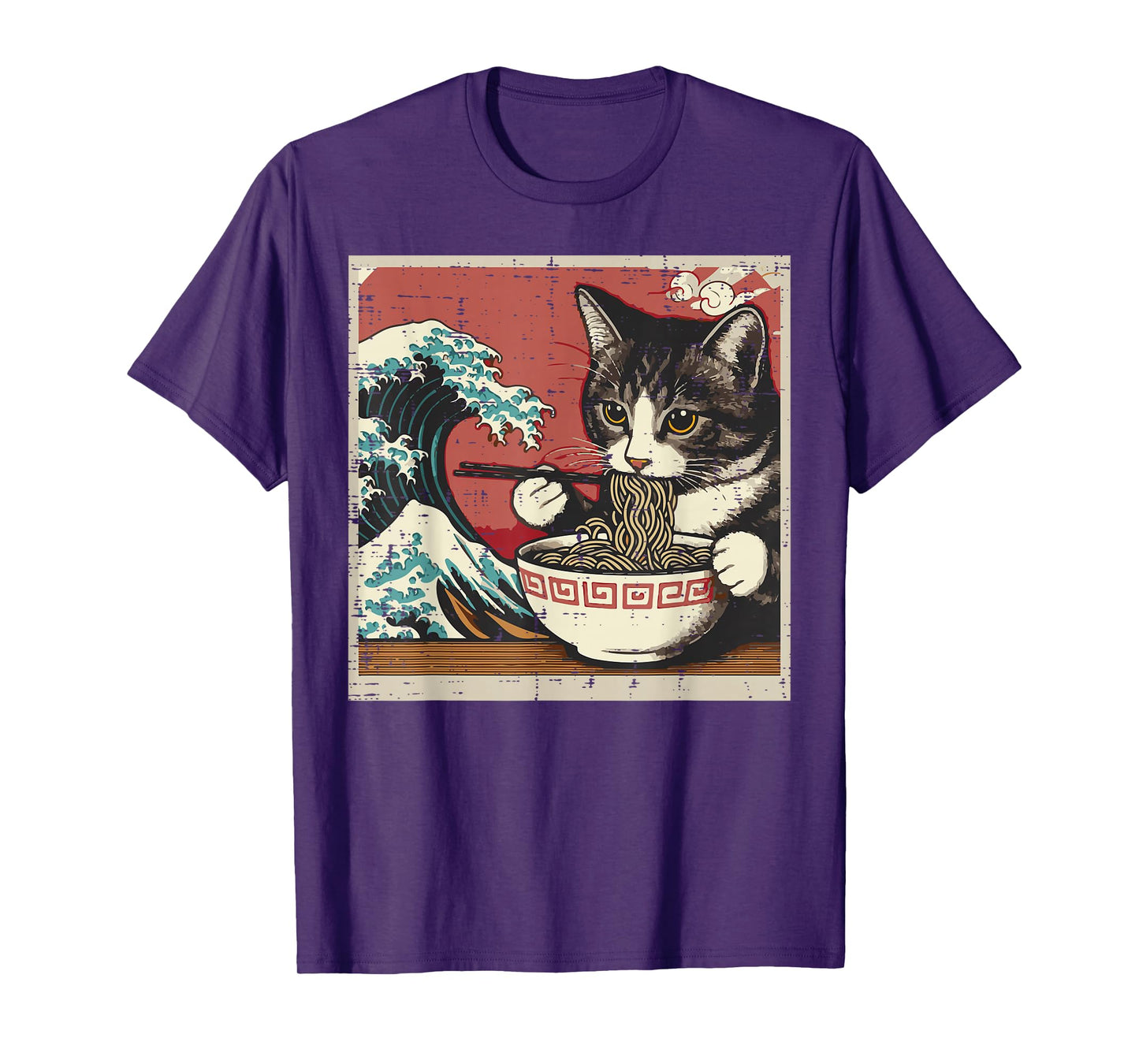 Cat Eating Ramen Great Wave Japanese Food Art Women Men Kids T-Shirt