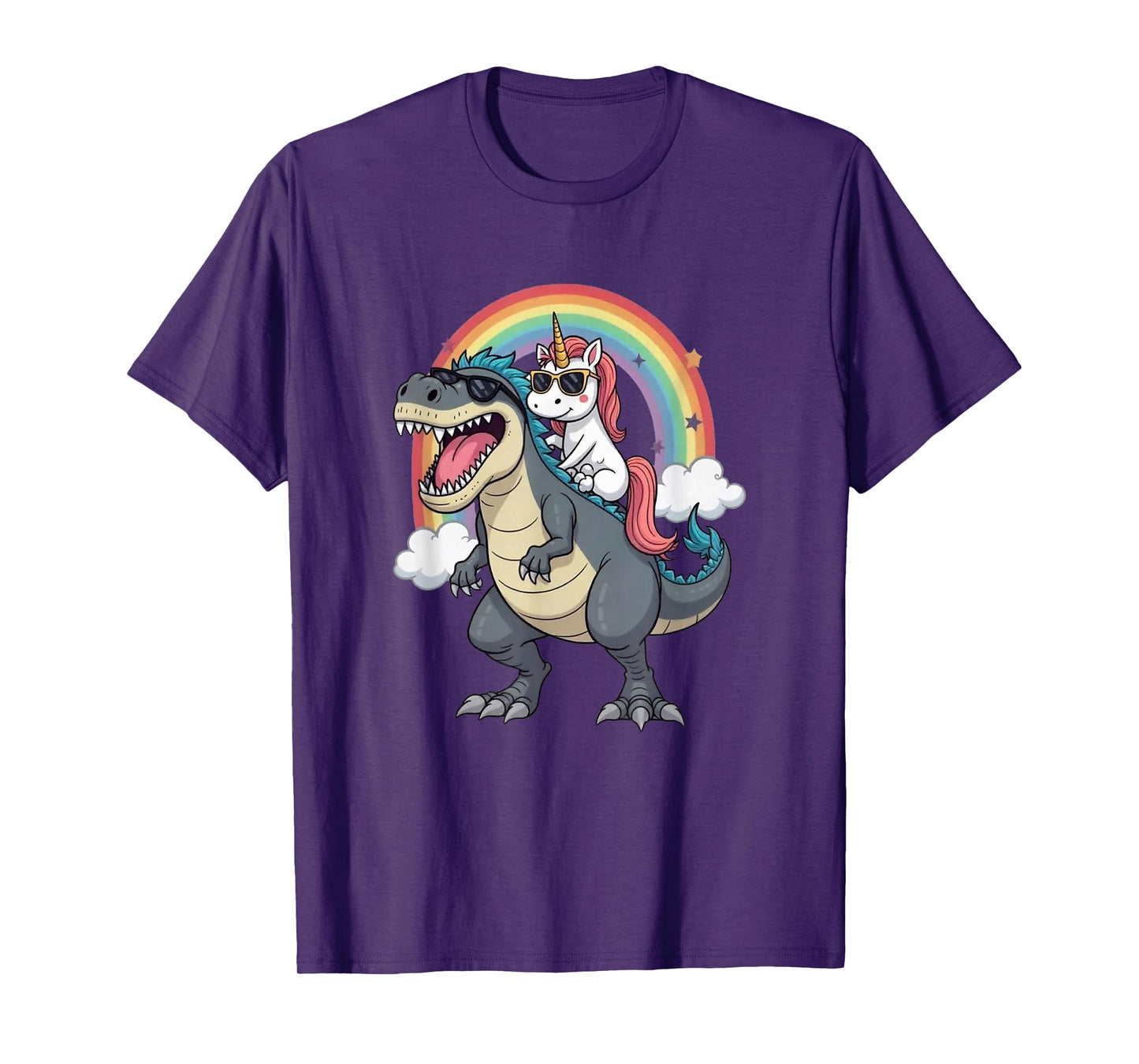 Unicorn Riding T-Rex Dinosaur Rainbow Boys Girls Men Women T-Shirt
