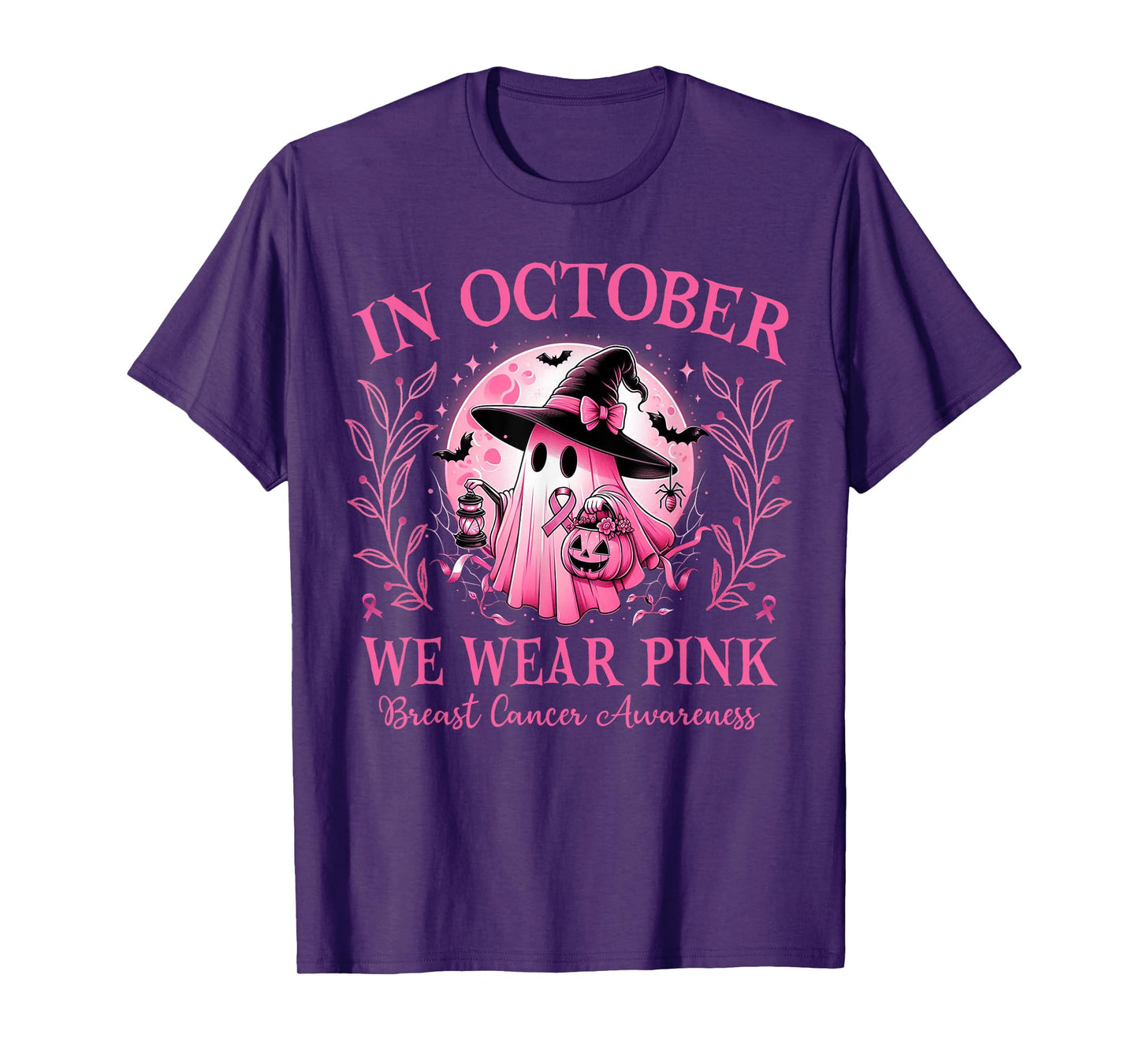 In October We Wear Pink Ghost Witch Breast Cancer Halloween T-Shirt