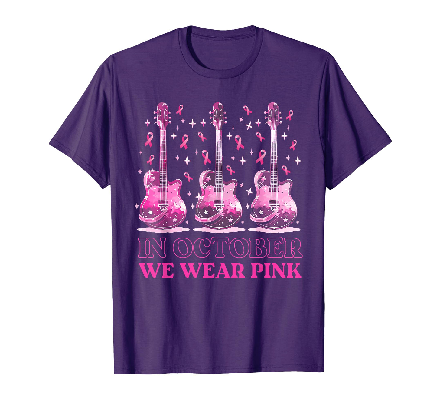In October We Wear Pink Ribbon Guitar For Breast Cancer T-Shirt