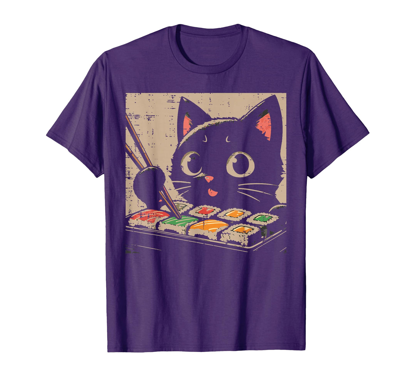 Black Cat Eating Sushi Kawaii Japanese Food Women Girls Kids T-Shirt