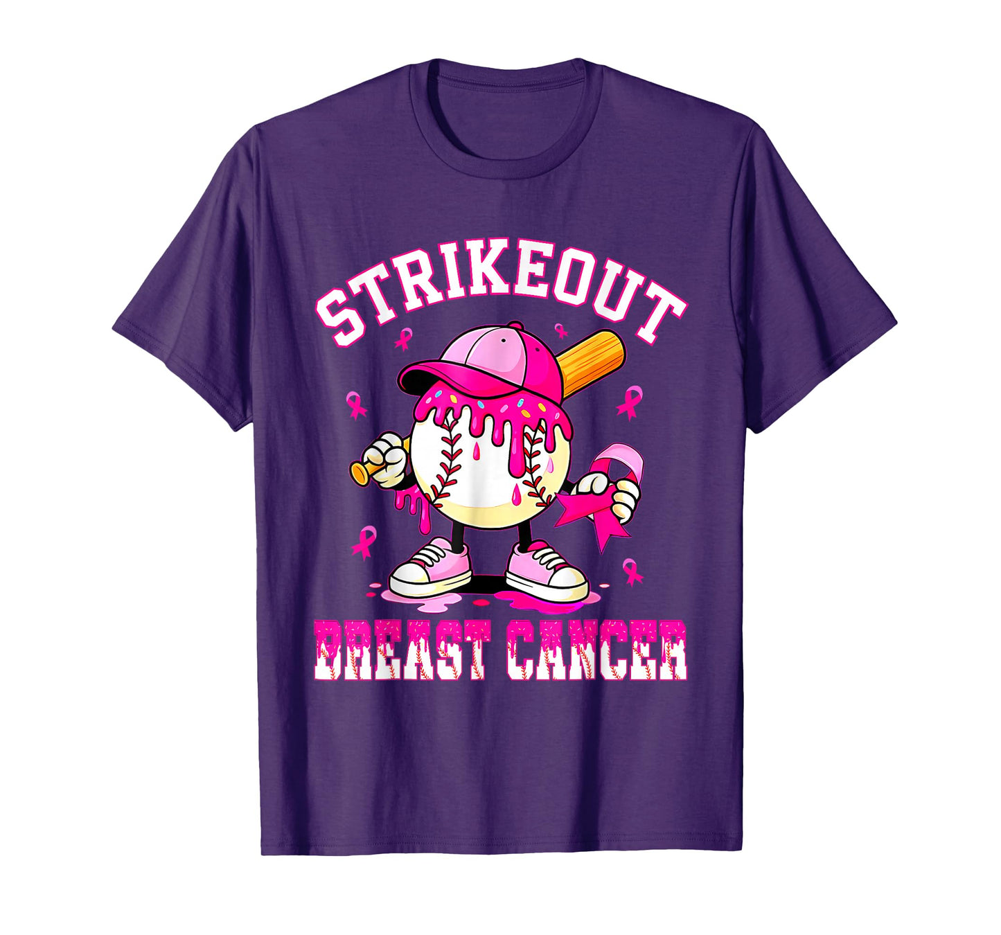 Strike Out Breast Cancer Awareness Baseball Drip Pink Ribbon T-Shirt