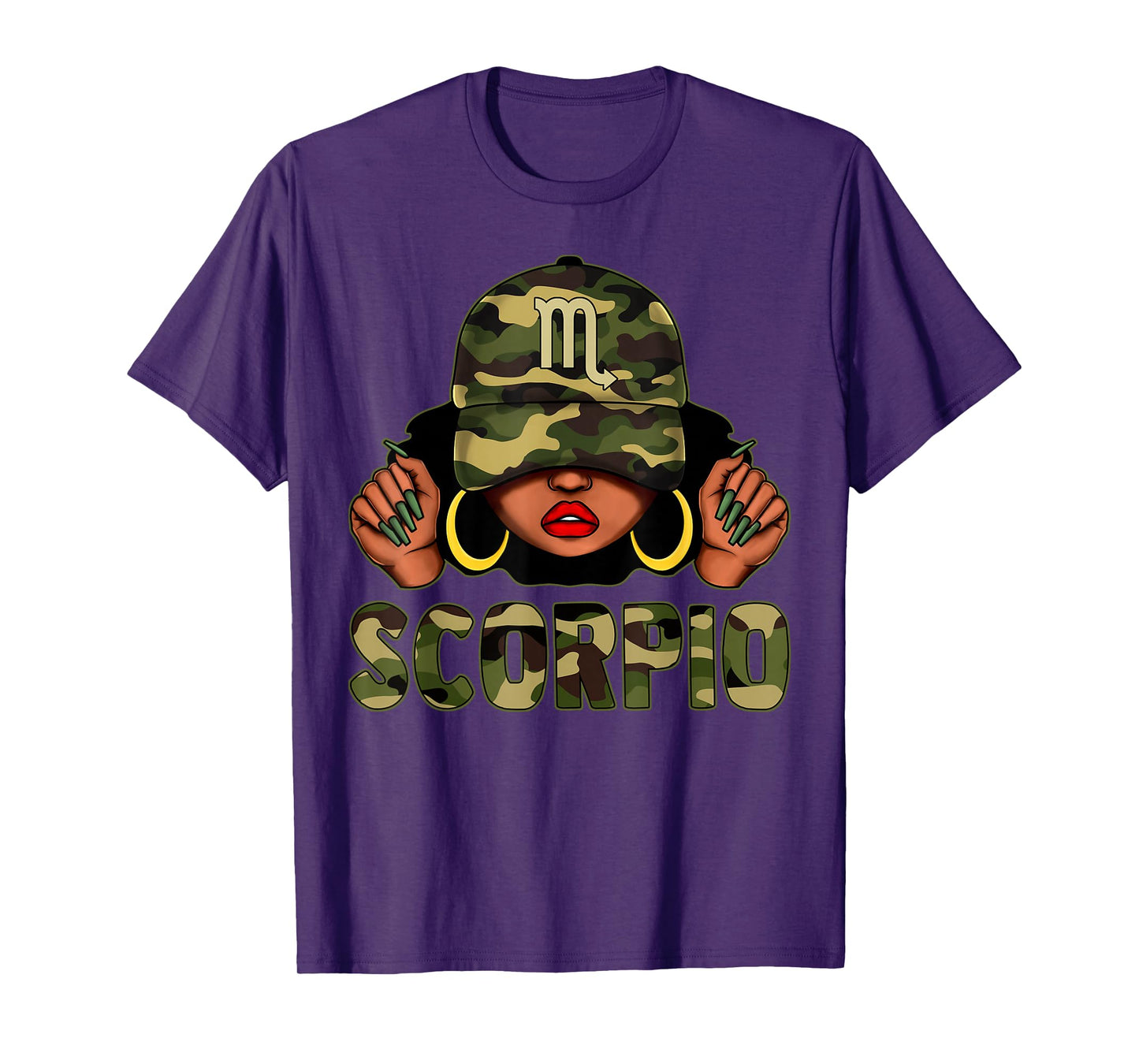 Scorpio Queen Black Woman With Cap Camo Afro Girl Zodiac T-Shirt
