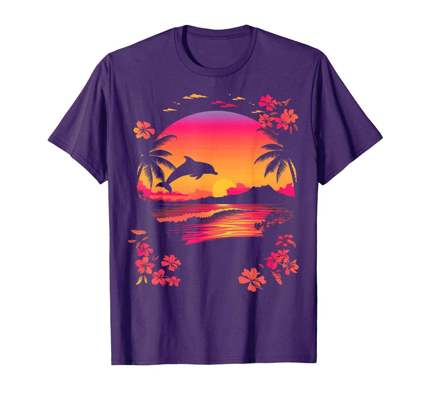 Tropical Sunset Dolphin Pink Beach Scene Men Women Kids T-Shirt