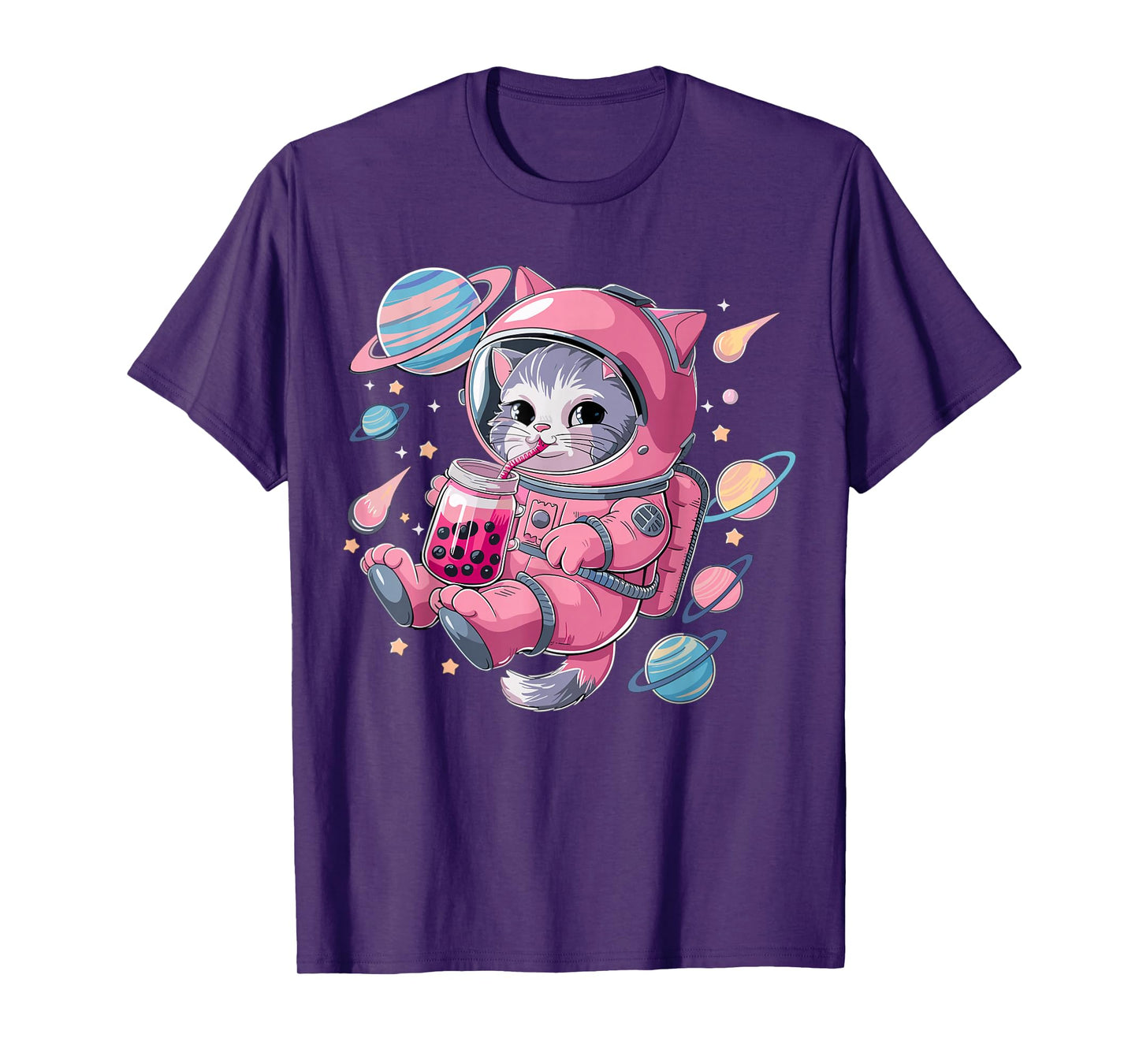 Kawaii Cat Bubble Tea Boba Tea Space Astronaut Anime Girls T-Shirt