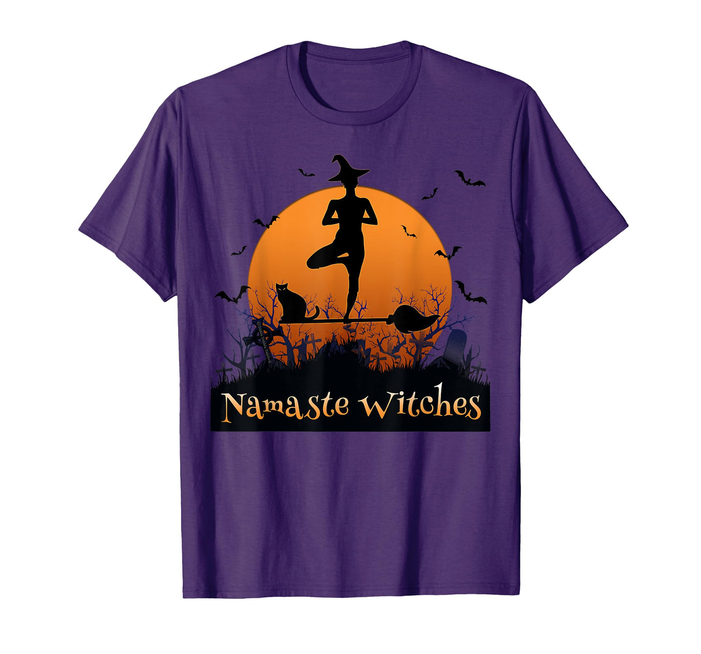 Yoga Lovers Namaste Witches Full Moon Cemetery Halloween T-Shirt