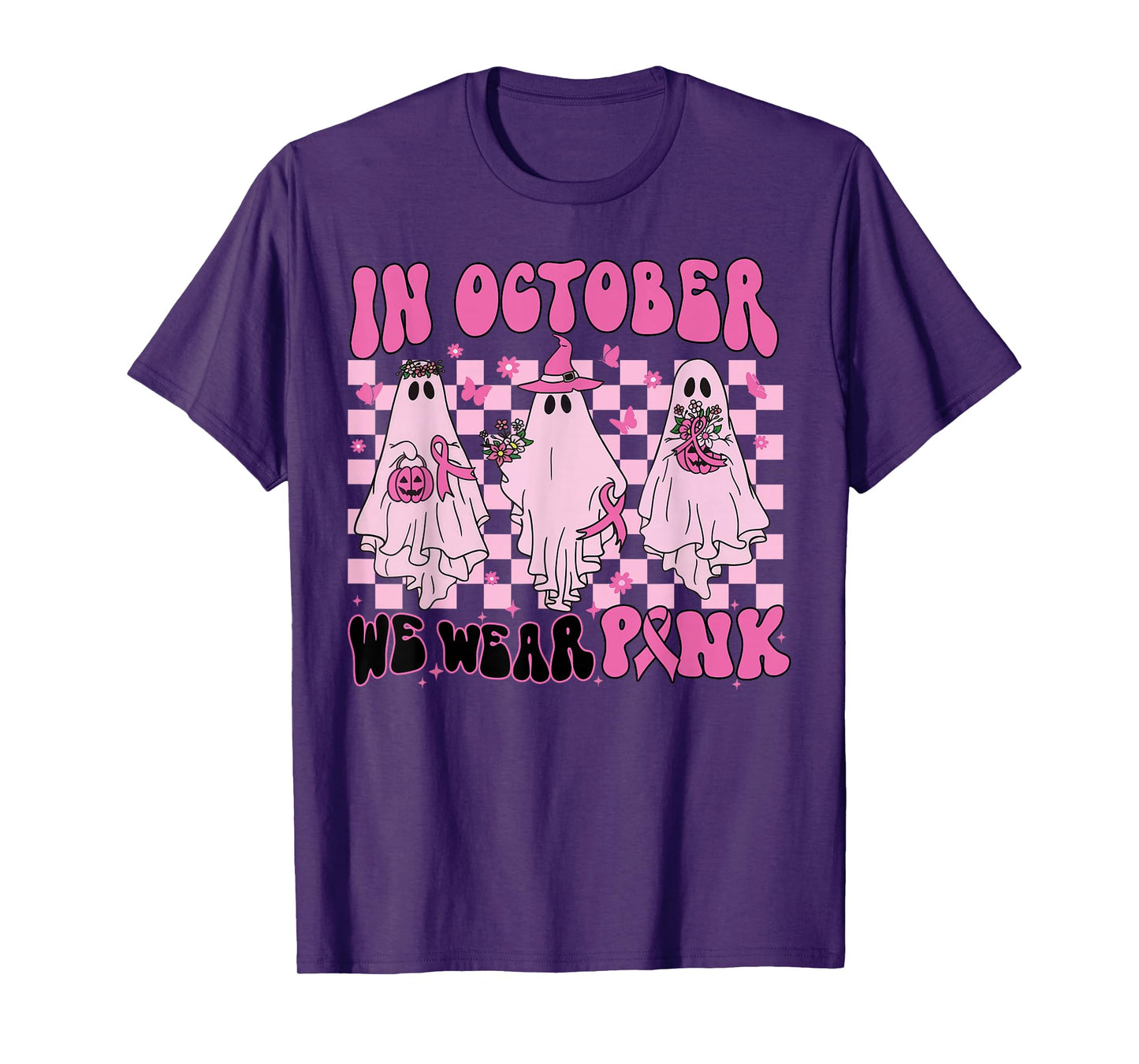 In October We Wear Pink Ghost Breast Cancer Halloween Party T-Shirt