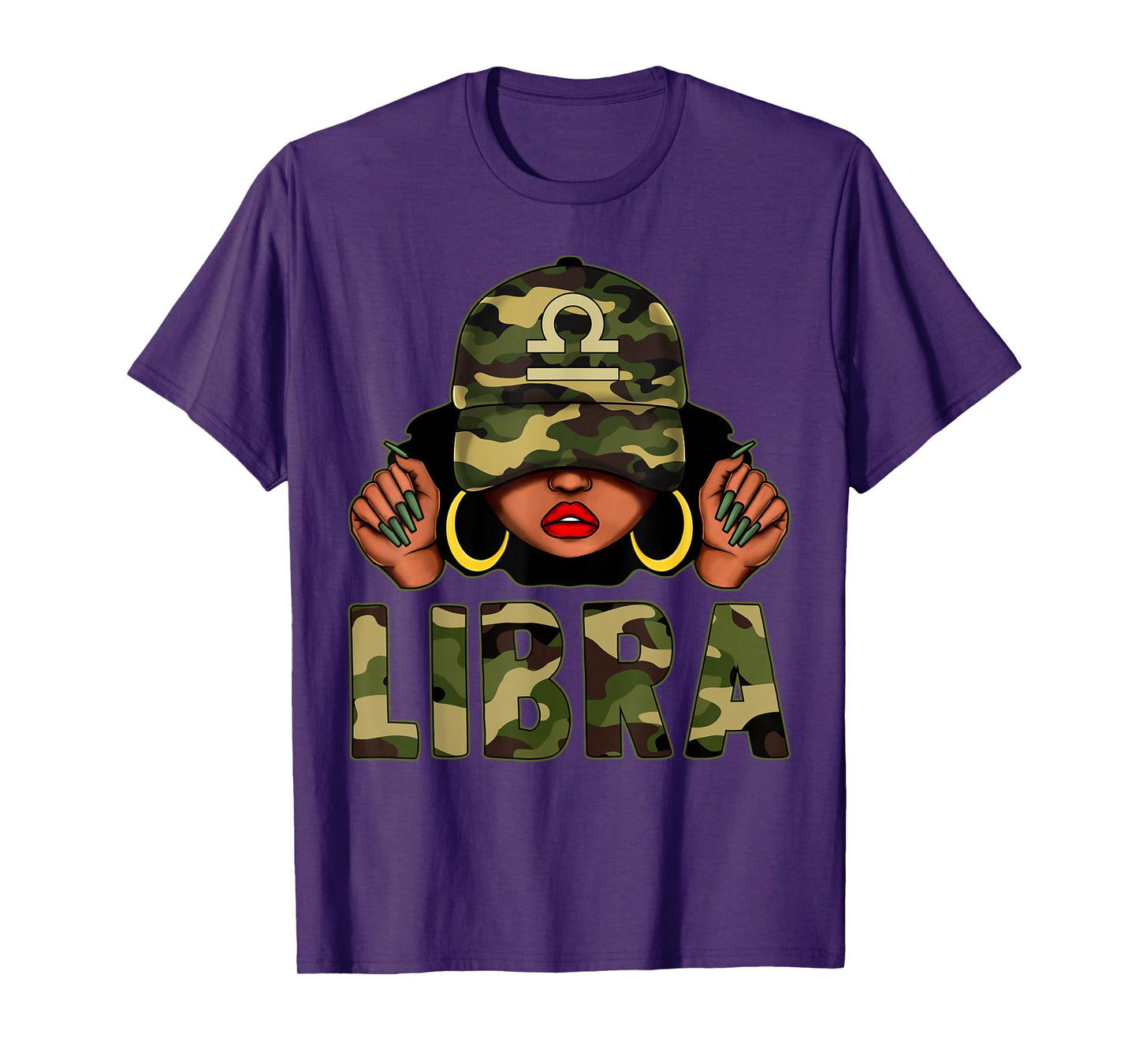 Libra Queen Black Woman With Cap Camo Afro Girl Zodiac T-Shirt