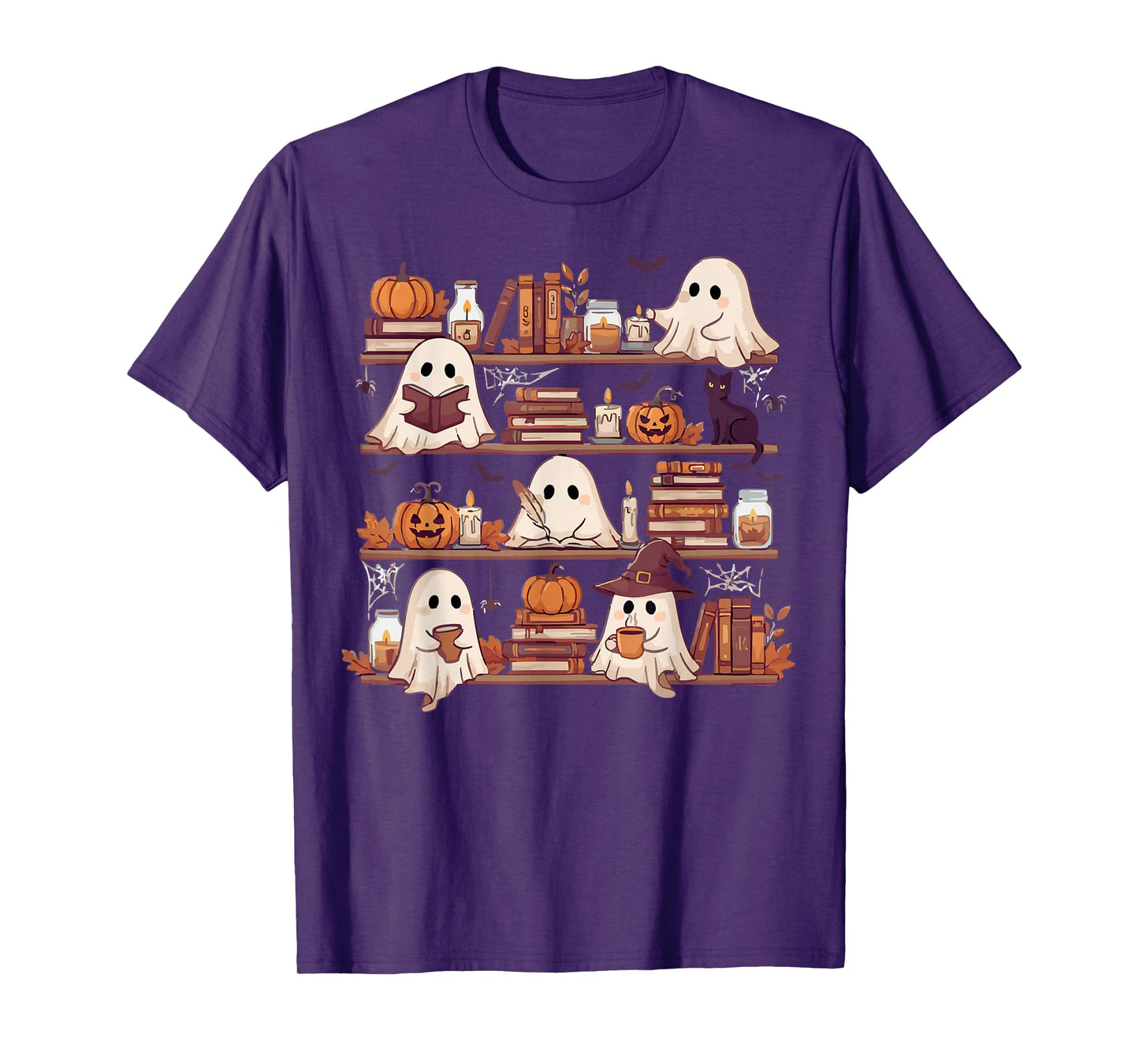 Retro Ghosts Reading Book Halloween Bookshelf Spooky Library T-Shirt