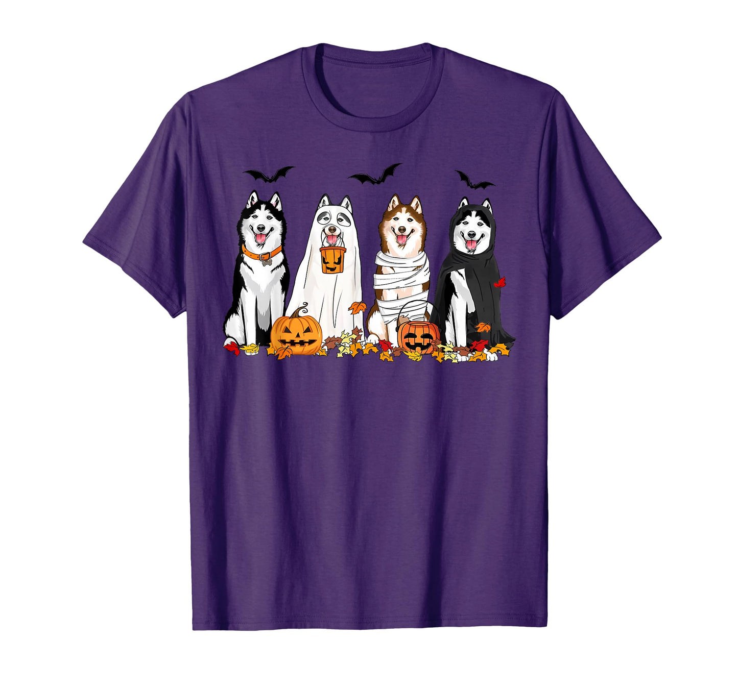 Siberian Husky Dogs Ghost Witch Mummy Halloween Pumpkins T-Shirt