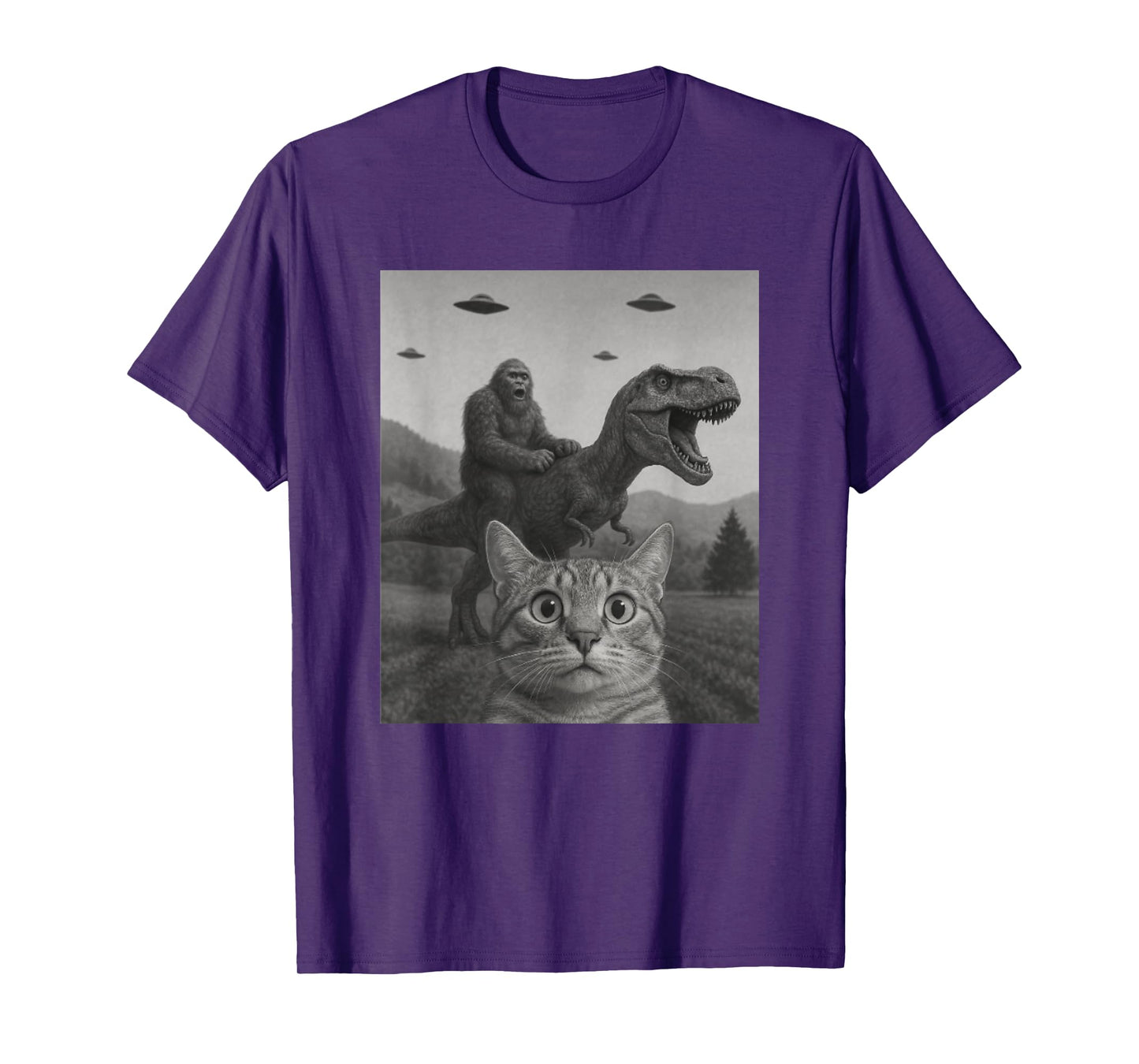 Cat Selfie with Bigfoot Riding T-rex Dinosaur Alien UFO Men Women Kids T-Shirt