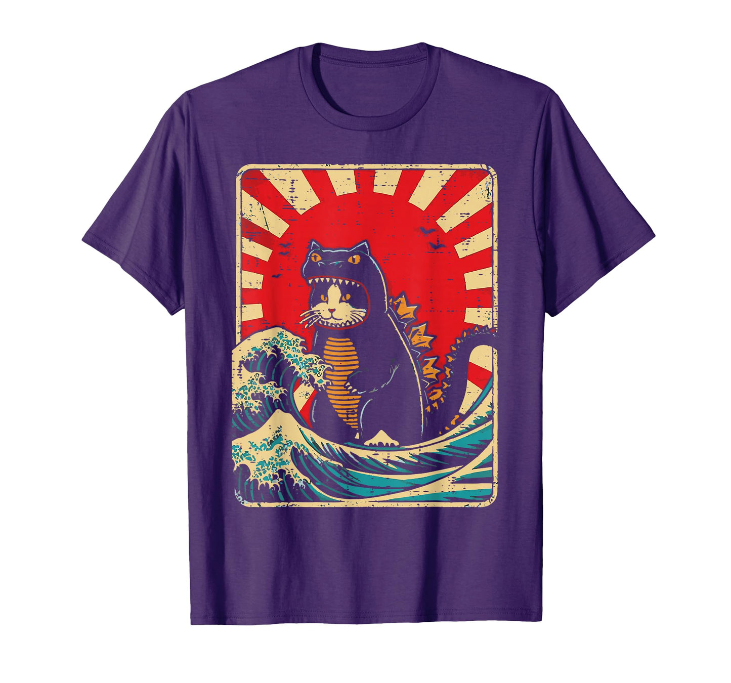 Cat Monster Waves Red Sun Japanese Catzilla Women Men Kids T-Shirt