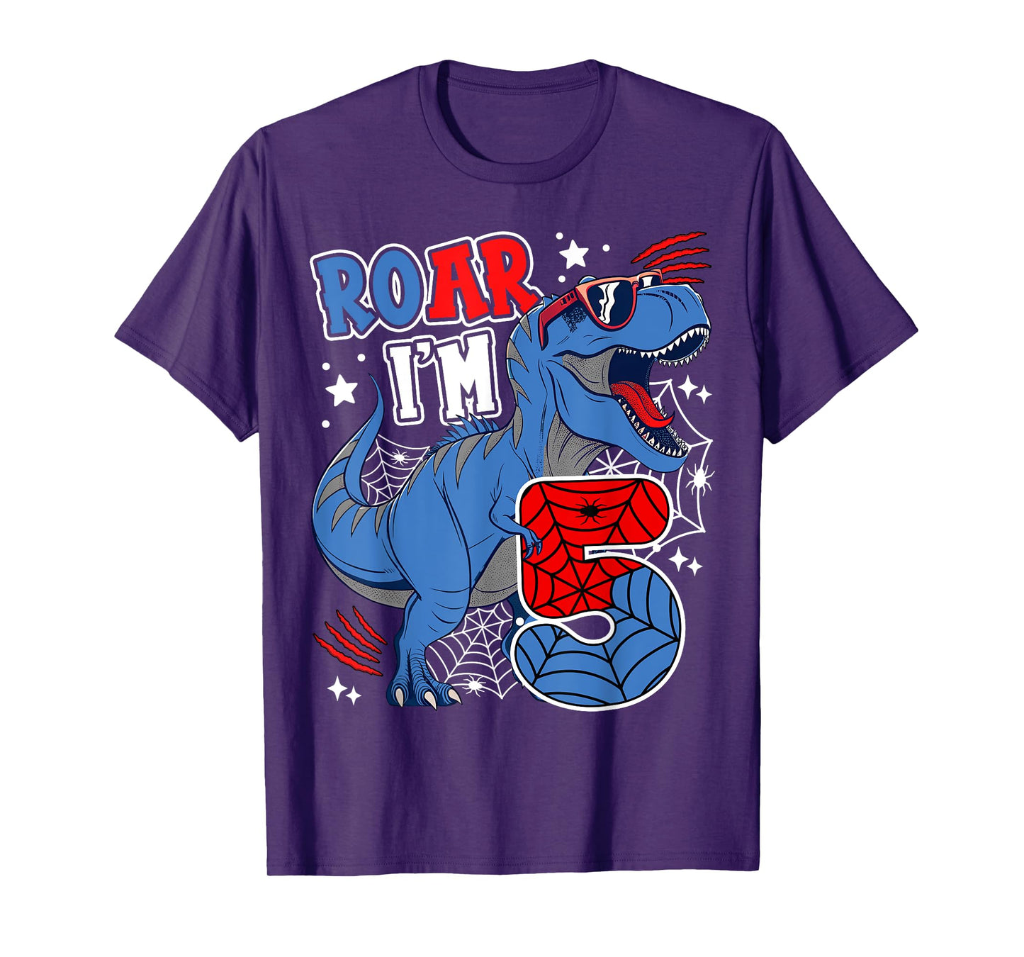 Dinosaur 5th Birthday Spider Theme Party 5 Years Boy Kids T-Shirt