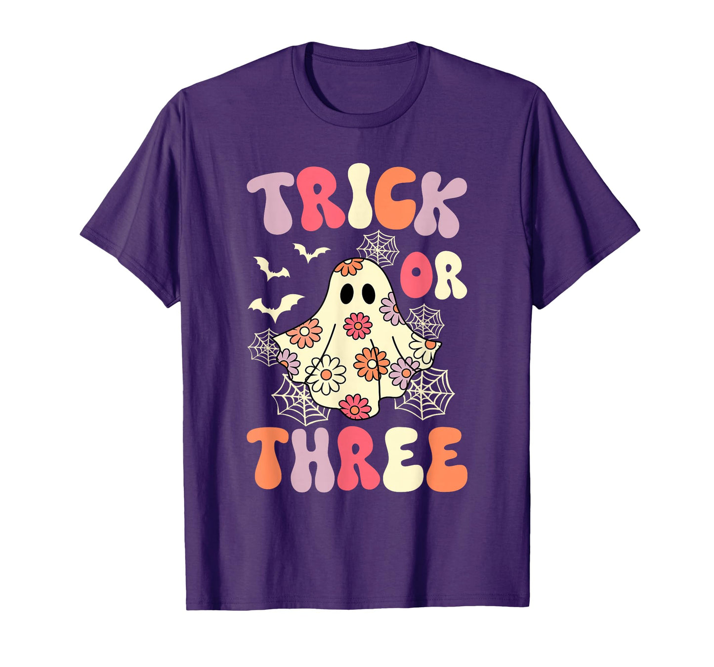 Trick Or Three 3 Years Old Birthday Groovy Ghost Halloween T-Shirt