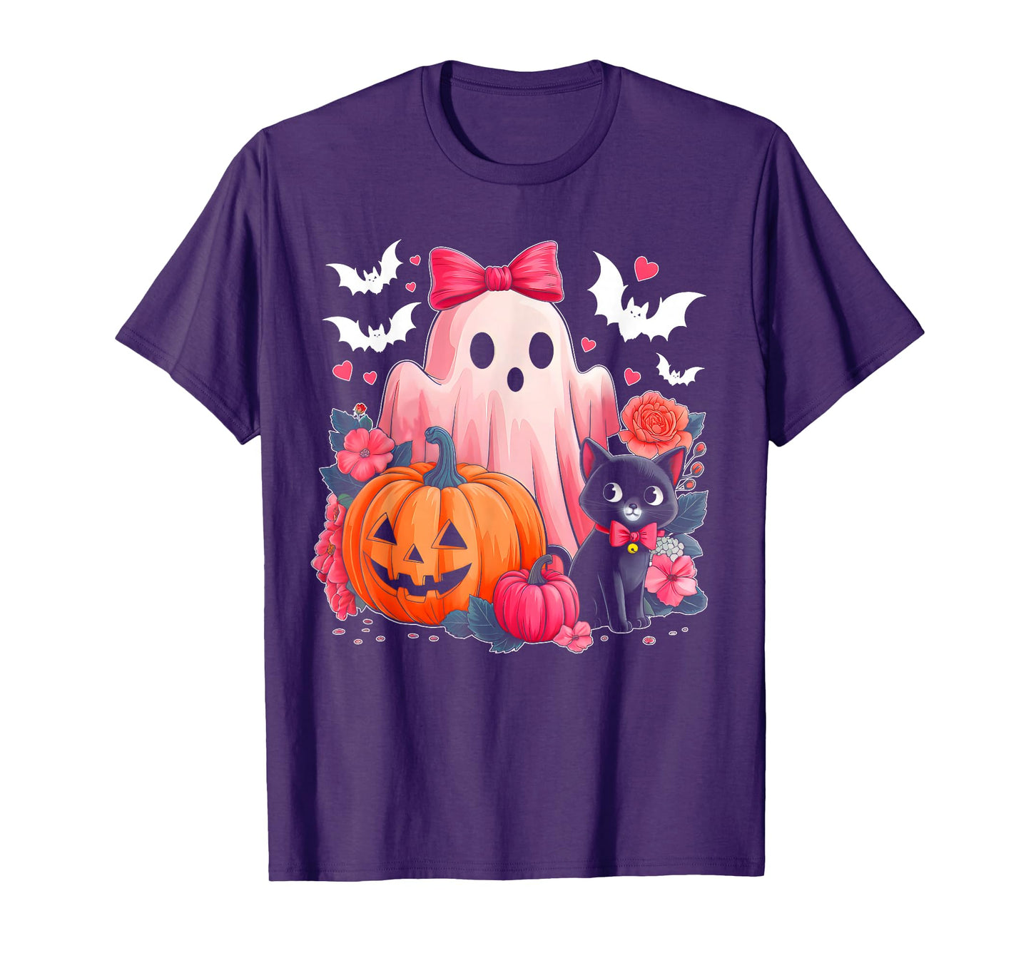 Cute Floral Pink Ghost Pumpkin Black Cat Halloween Costume T-Shirt
